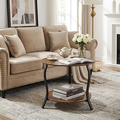 Miniatura 5 de Mesa auxiliar redonda pequeña con almacenamiento abierto, mesas auxiliares de 2 niveles de 23 pulgadas para espacios pequeños, mesa central