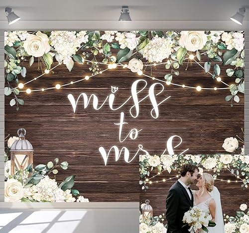 Toile de fond « Miss to Mrs »pour douche nuptiale rustique fleur blanche fond bois fleur mur mariage décoration fiançailles fête photographie bannière7x5FT Cover