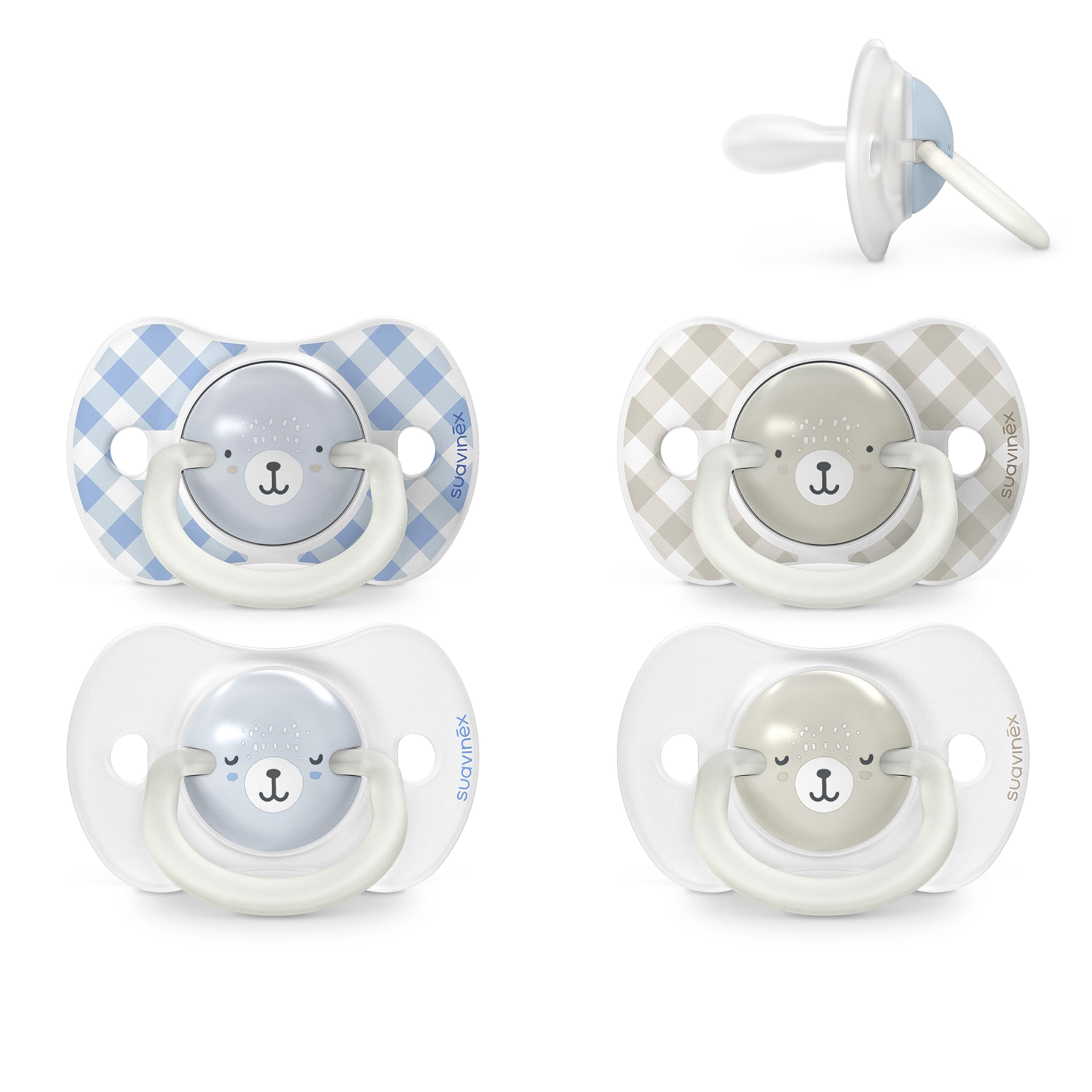 Suavinex, Pack de 4 Chupetes que Brillan en la Oscuridad, Bebés 0/6 Meses y Recién Nacidos, para Dormir, con Anilla Fluorescente y Tetina Fisiológica SX Pro de Silicona, Plana y Flexible, Azul