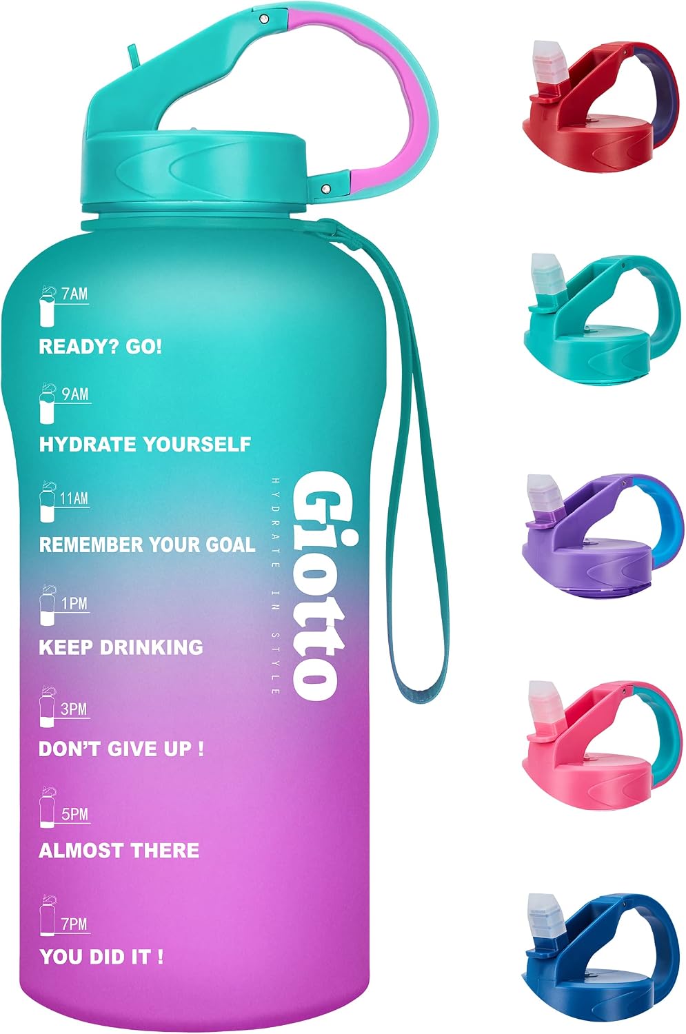 Giotto 64oz Leakproof BPA Free Drinking Water Bottle with Time Marker to Ensure You Drink Enough Water Throughout The Day for Fitness and Outdoor Enthusiasts