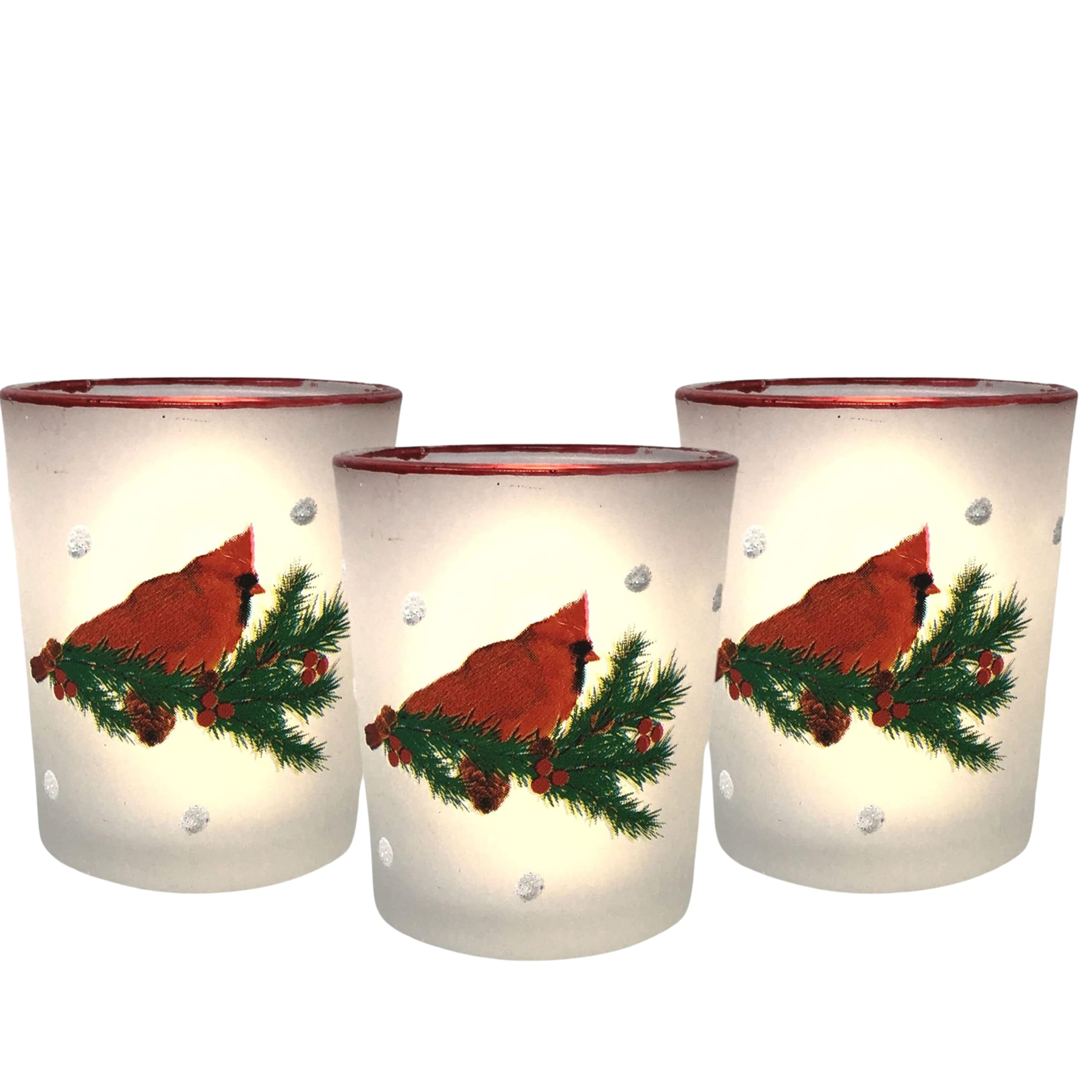 Votive Candle Holders - Set of 3 - Christmas Cardinals with Berries Pine Cones on Frosted White Glass Candleholders -Candles Included - 2.75