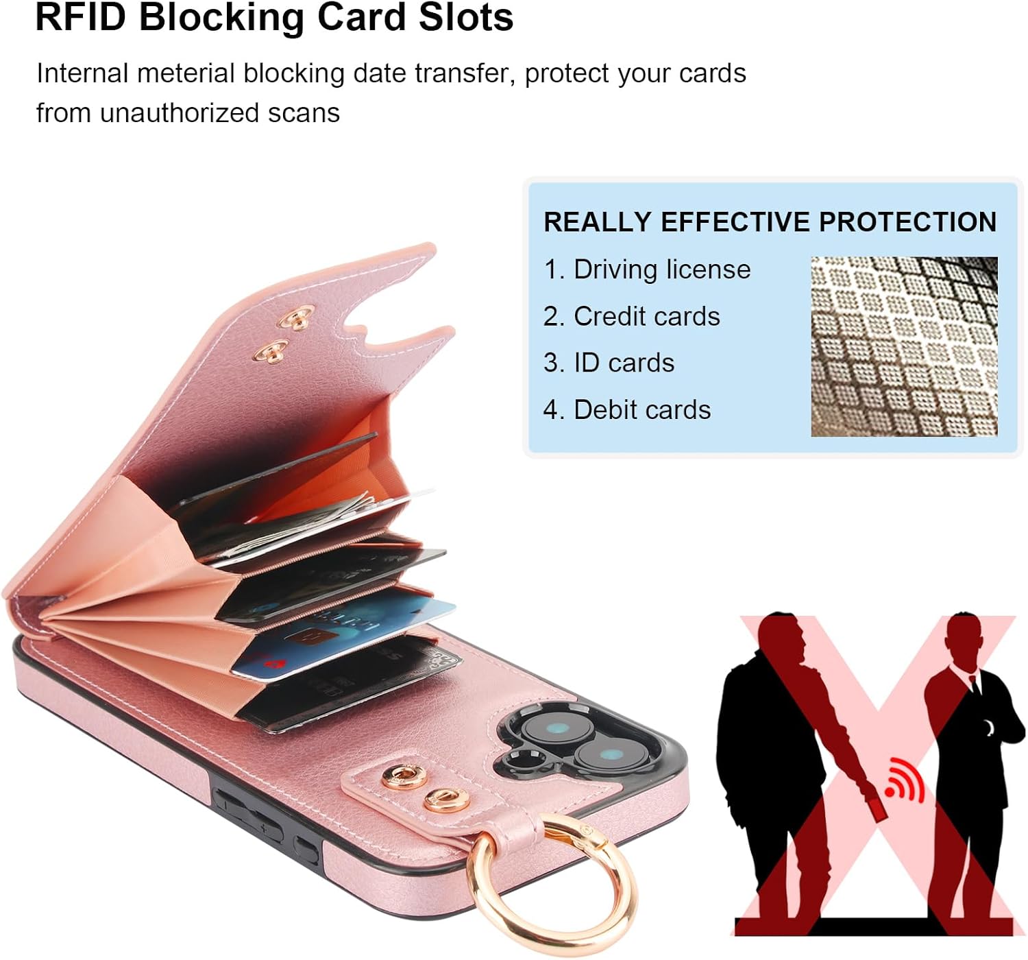 Folosu for iPhone 16 Plus Wallet Case with Card Holder, Hand Wrist Strap Loop Holder Kickstand, RFID Blocking Finger Grip Ring PU Leather Double Buttons Shockproof Cover 6.7" Rose Gold