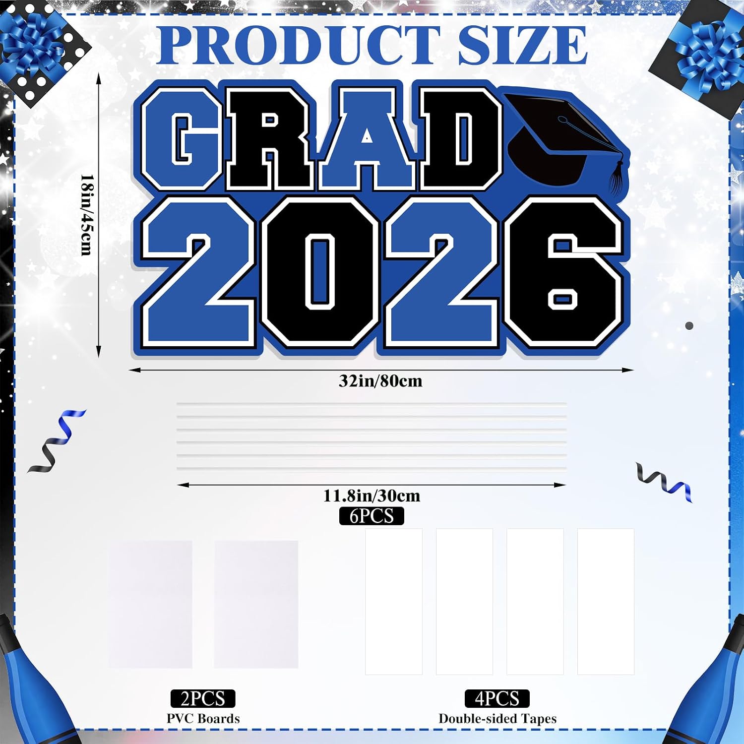 Graduation Yard Sign Large 32 x 18 Inch Grad 2026 Lawn Sign with Stakes Blue Black Graduate Yard Decoration for Class of 2026 College High School Graduation Party Outdoor Supplies