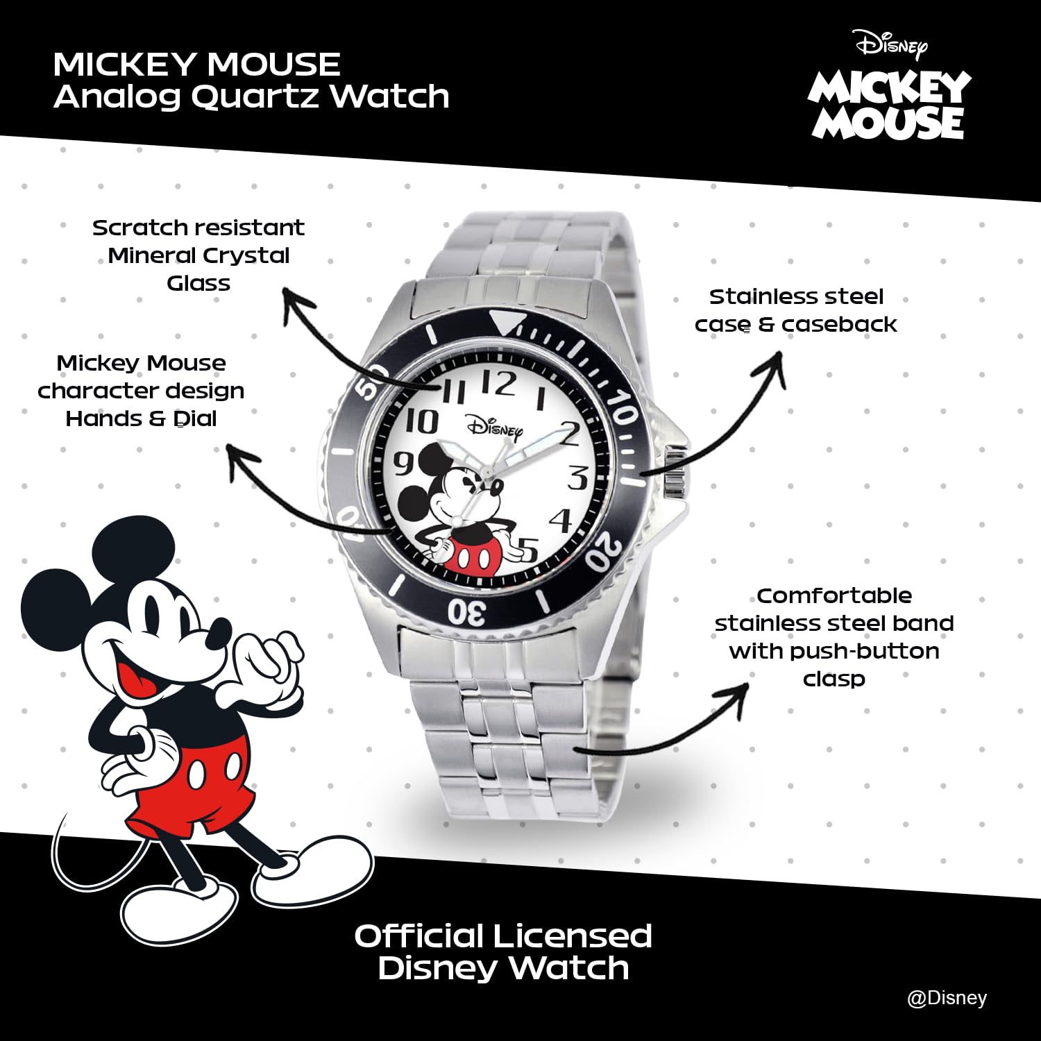 Disney Men's W000524 Mickey Mouse Honor Stainless Steel Bracelet Watch