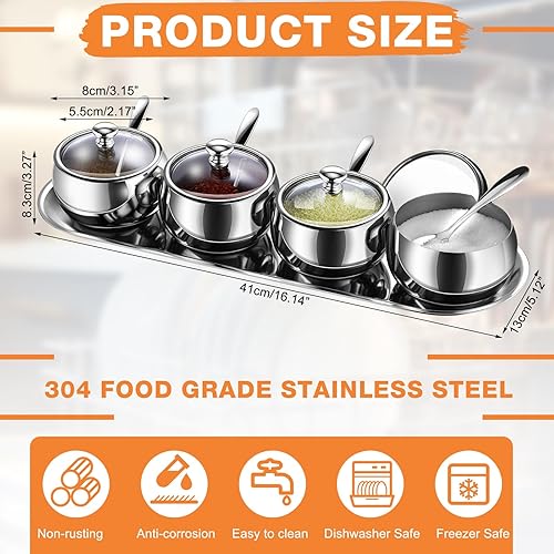Miniatura 2 de FoldTier Juego de 4 macetas de condimentos de acero inoxidable 304 de 10 onzas, tarros de especias para condimentos, macetas de almacenamiento de