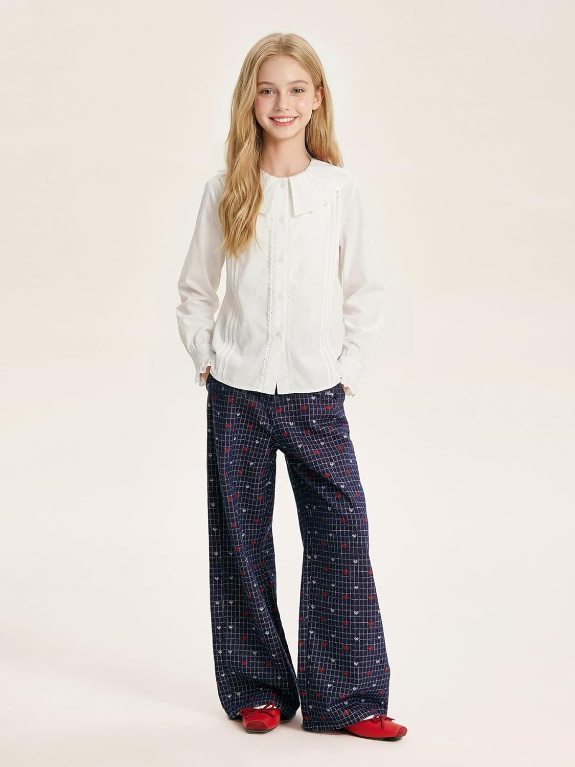 Girls Plaid Wide Leg Pants Retro Heart Pants Navy Blue Girls Trousers for Teens 6-16Y - Image 2