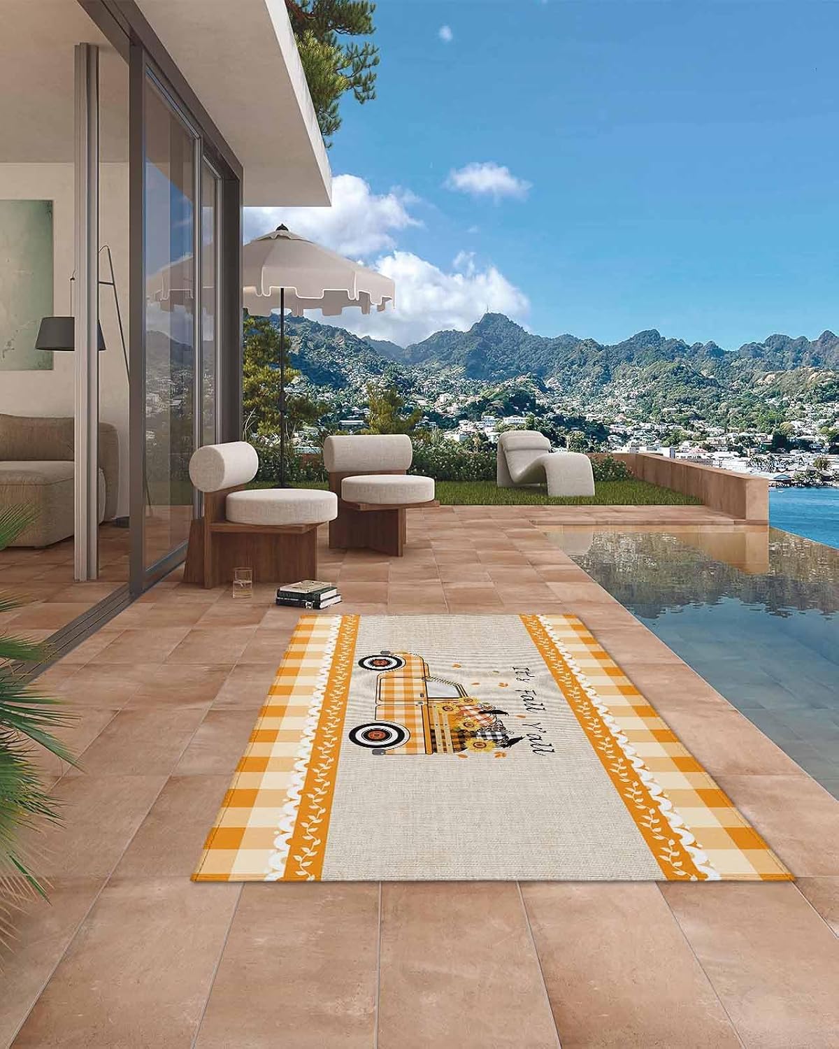 Absorbant Area Rug, Thanksgiving It's Fall Y'all Truck Pumpkin Orange Checkered Outdoor Non-Slip Bottom Carpet Mat for Patio Camping Rv Picnic Backyard Deck Balcony Porch Beach 4x6 ft