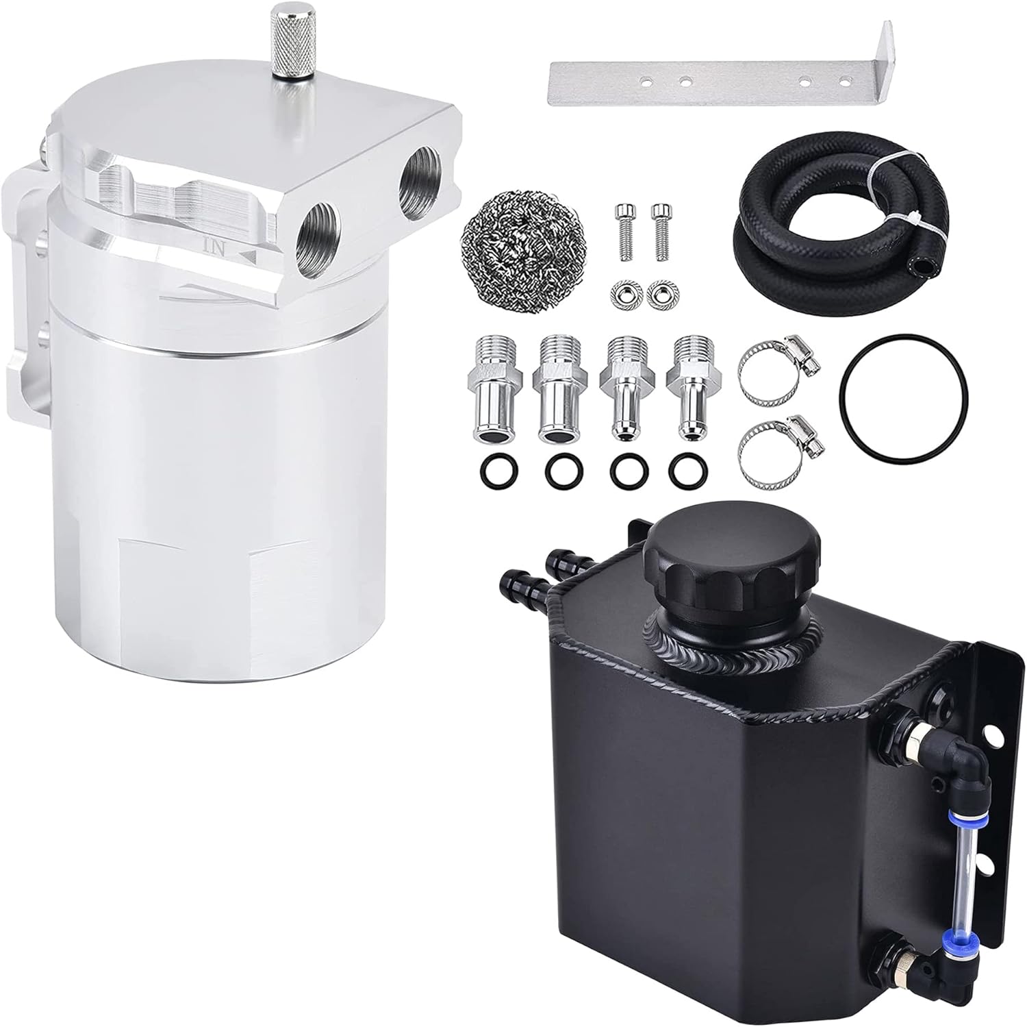 EVIL ENERGY Baffled Oil Catch Can 300ML Silver Bundle with 1L Overflow Tank Black