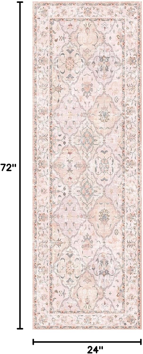 Boho Vintage Area Rugs 2×6 Washable Non-Slip Traditional Pink Runner Rug for Hallway Kitchen Entryway