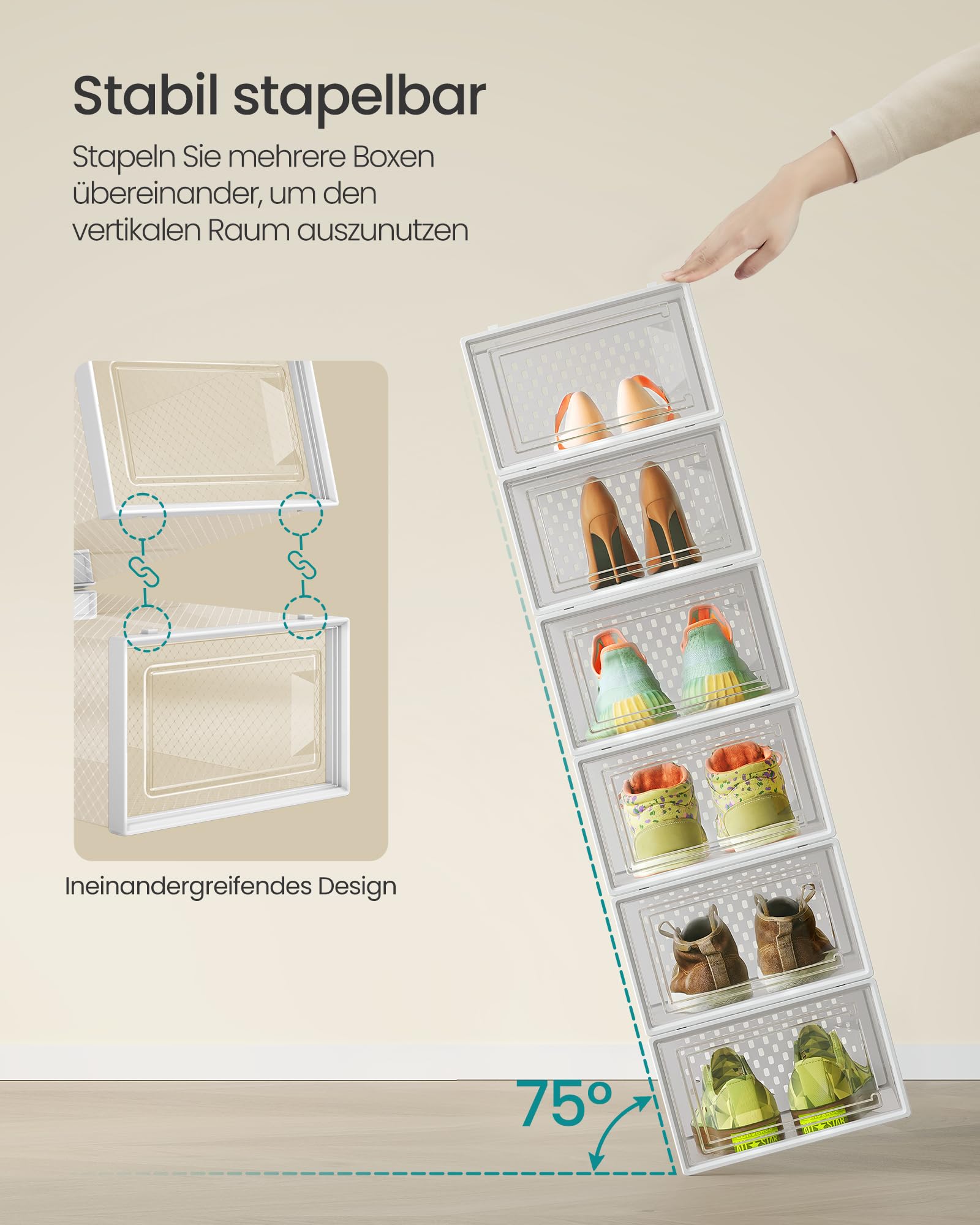 SONGMICS Schuhboxen, Schuh-Organizer aus Kunststoff, faltbar und stapelbar, für Schuhe bis Größe 43, 18er Set, transparent-wolkenweiß LSP18SWT
