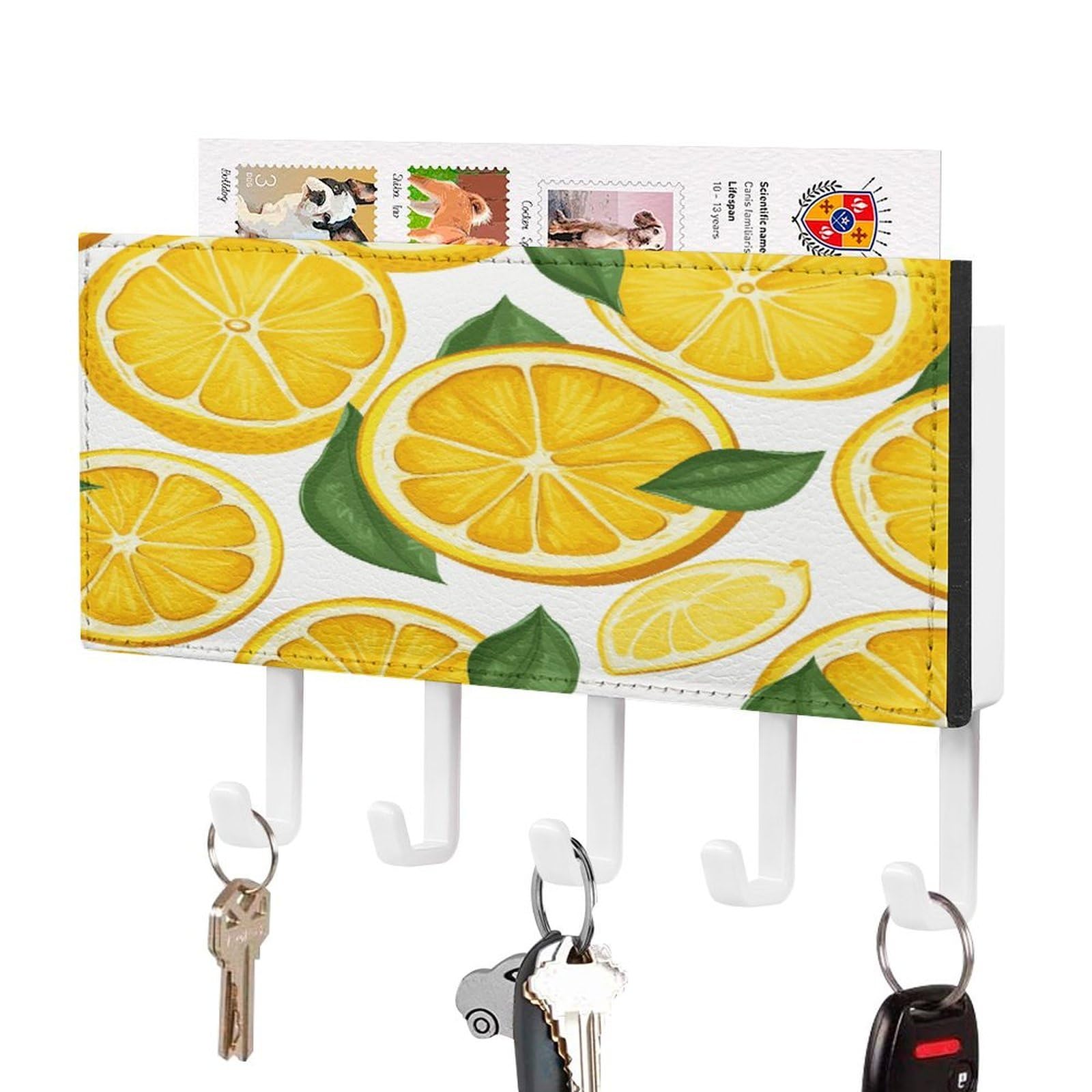 JTREHY Lemon Fruit Pattern Key Holder Wall Mount Decorative Key and Mail Holder PU Leather Adhesive Key Organizer Hanging Key Hooks Wall Shelf with 5 Hooks for Entryway Hallway Office