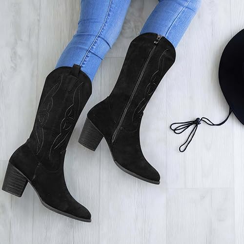 Vista 3 de SHIBEVER Botas vaqueras para mujer 2025 botas vaqueras a media pantorrilla con bordado occidental de tacón alto y punta puntiaguda