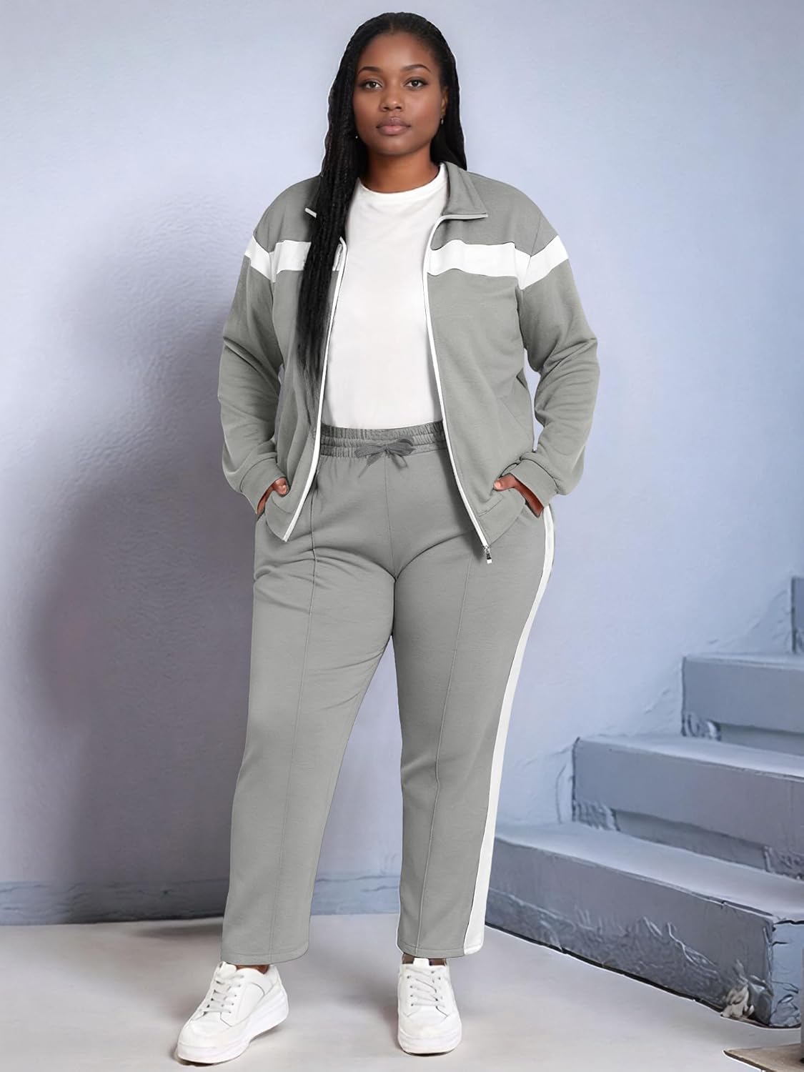 UOUA Plus Size Womens 2 Piece Sweatsuits Outfits Zip Up Jackets & Sweatpants Casual Loungewear Tracksuit Sets - Image 4