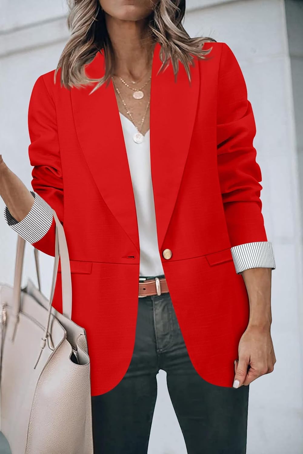 Genhoo Oversized Blazers for Women 3/4 Sleeve One Button Long Blazer Jackets Red