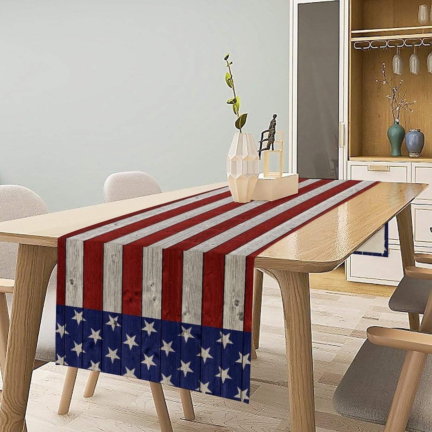 American Flag Table Runner, 4th of July USA Rustic Vintage Wooden Blue Red Stars Stripes Print Table Runner for Farmhouse Kitchen Dining Table Decor, 13x108inch