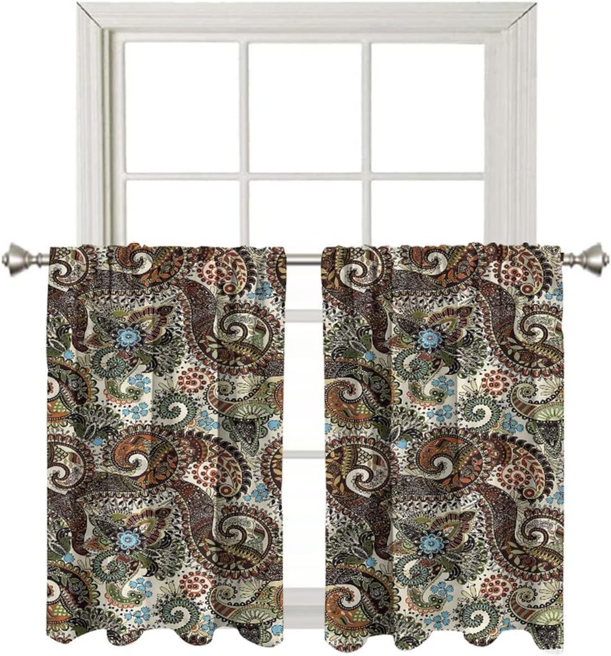Paisley Short Curtains, Blackout Curtain for Kitchen Bathroom Bedroom, Vintage Ornate Print Rod Pocket Fabric Window Drapes 2 Panel Set, 30" W x 36" L, Home Decoration
