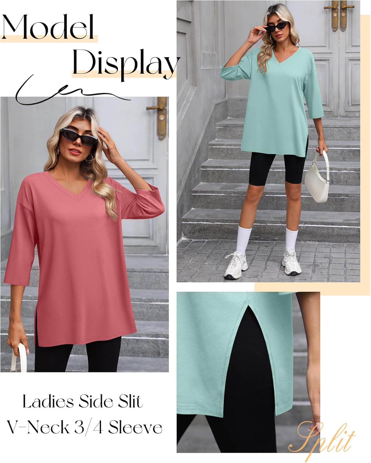 3 Pack Women's 3/4 Sleeve Oversized T-Shirts V Neck Comfy Casual Tunic Tops Knit Side Basic Split Loose Fit Tees - Image 3