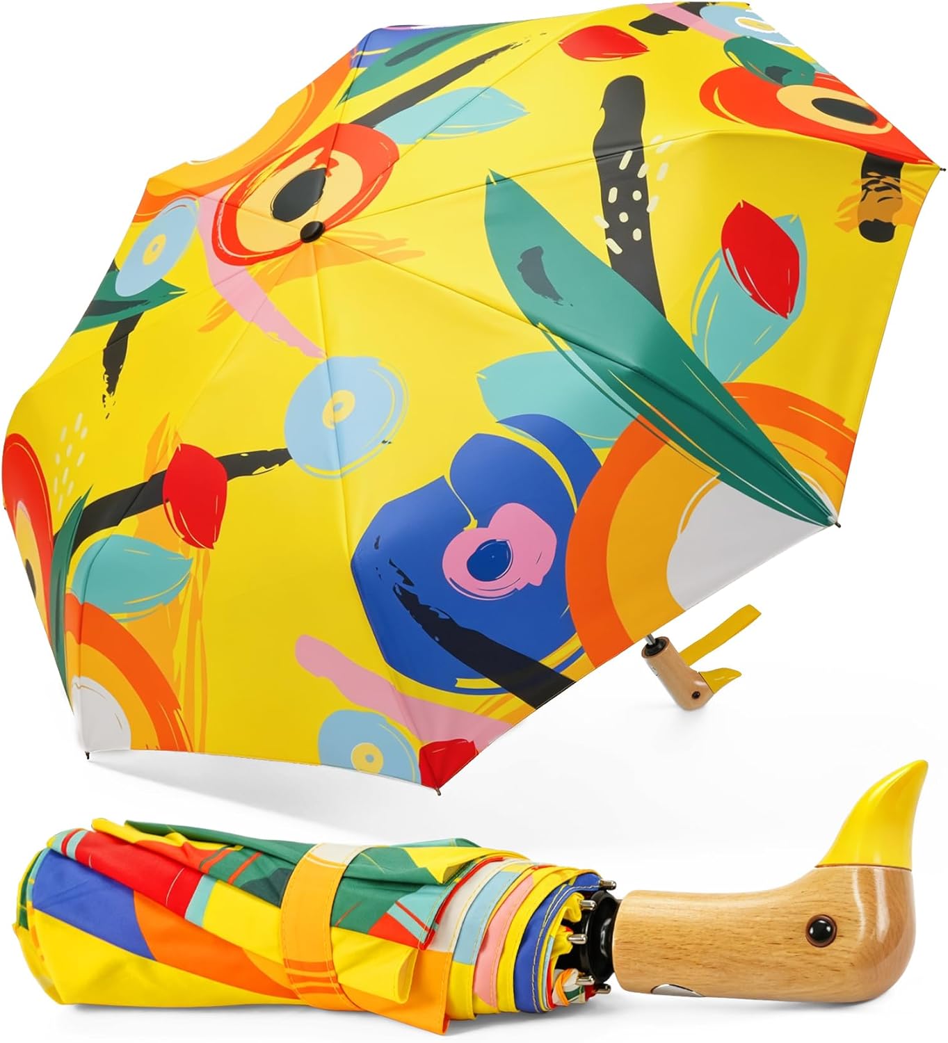 Cute Duck Umbrella Automatic - Compact Collapsible Small Umbrella Yellow Wooden Duckhead Umbrellas for Girls and Women