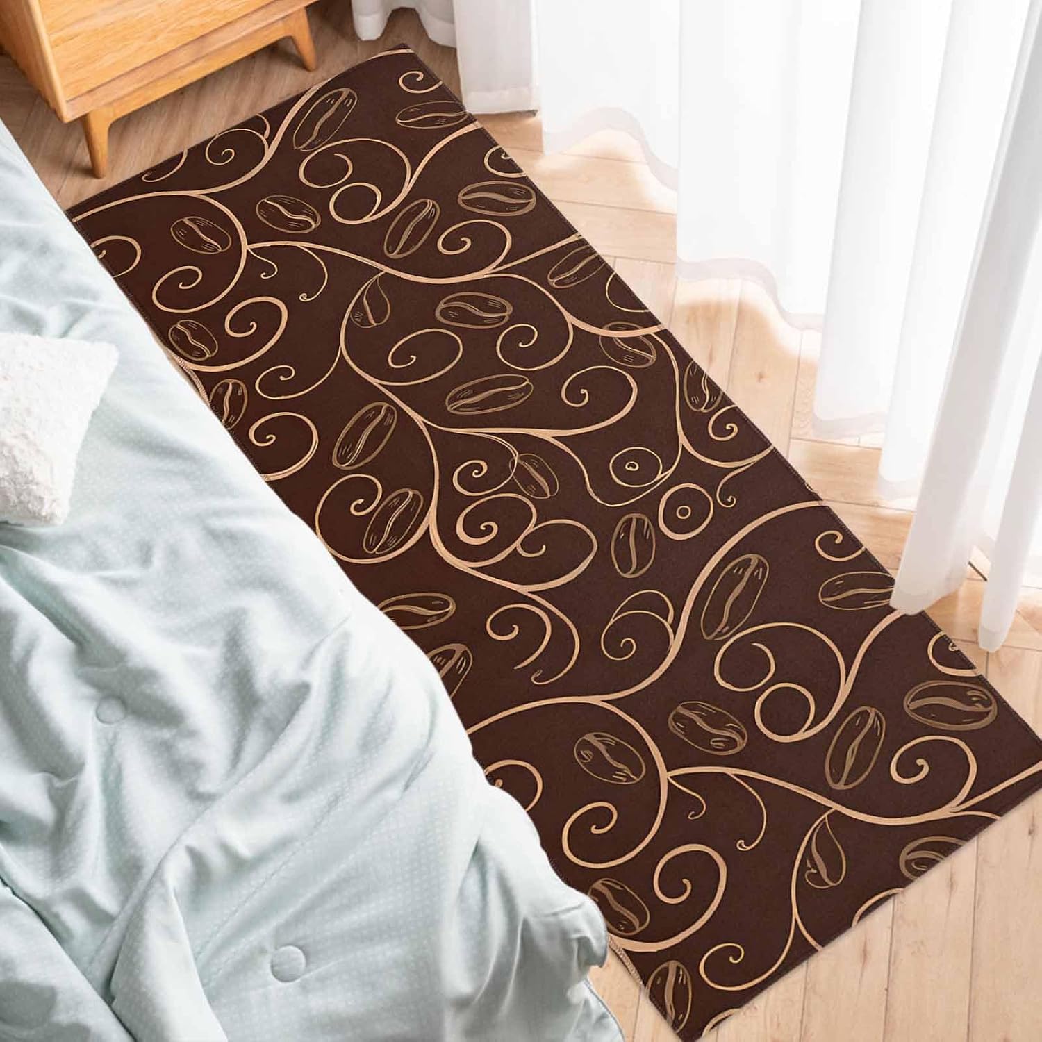 Teamery Kitchen Mats for Floor Rustic Farmhouse Coffee Line Art on Brown Washable Non Slip Kitchen Rugs 1PCS, Pastoral Style Absorbent Standing Mats for Sink Bathroom Office Living Room 15.7x47.2in