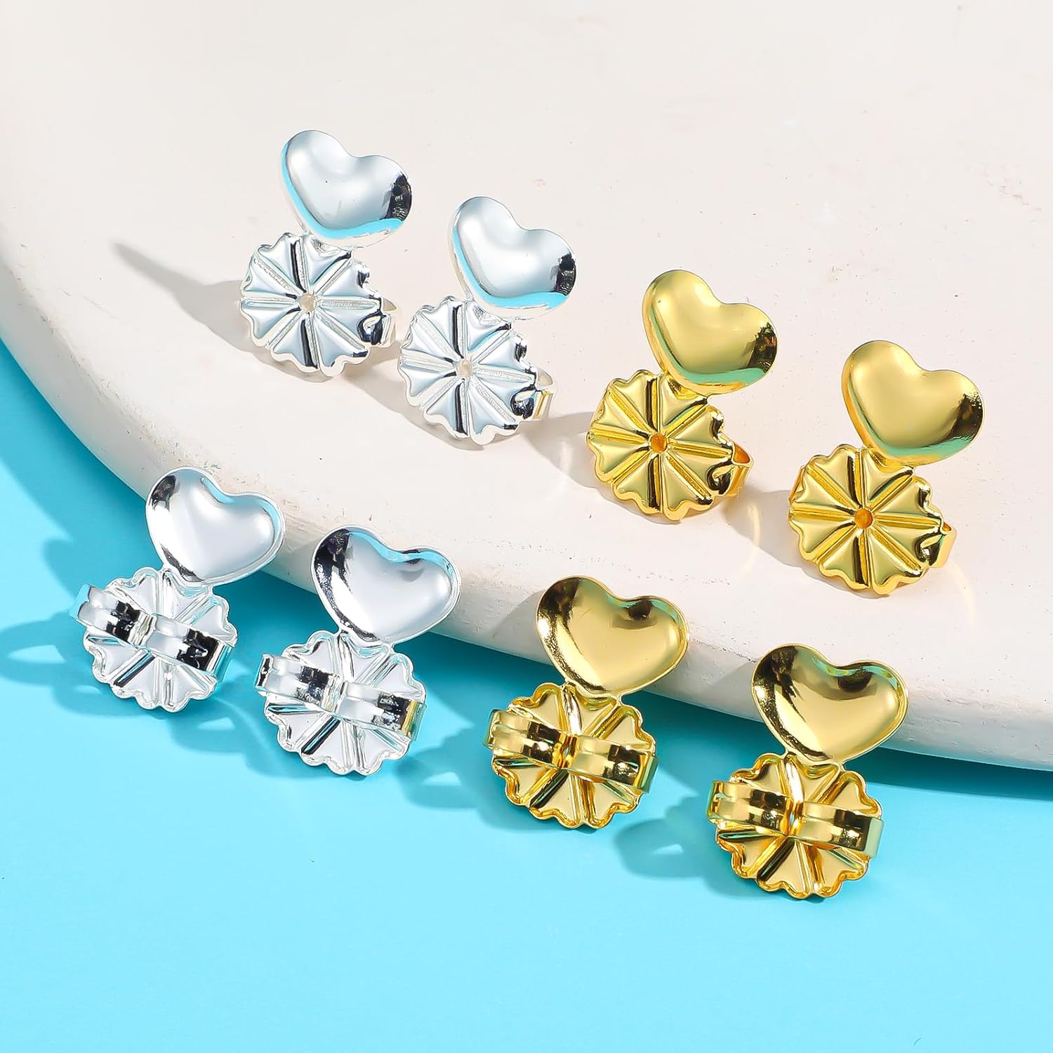 4 Pairs Earring Backs for Droopy Ears, Earring Lifter for Heavy Support Backs Large Backing Studs Secure Backers for Earlobe Stretched Earlobes Big Studs (Heart) - Image 4