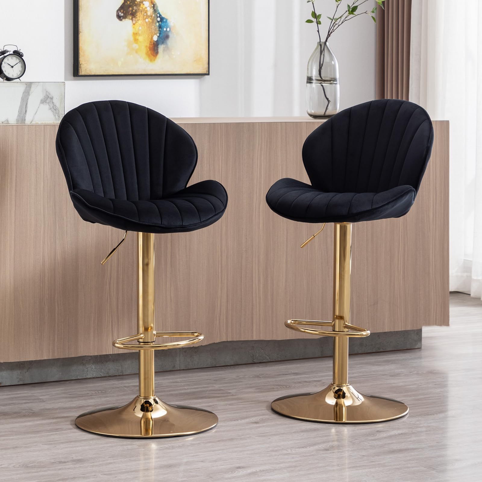 Ya-Home Bar Stools Set of 2 Velvet Adjustable Swivel Bar Chairs Counter Stools with Gold Legs, Breakfast Barstools for Kitchen Island, Black