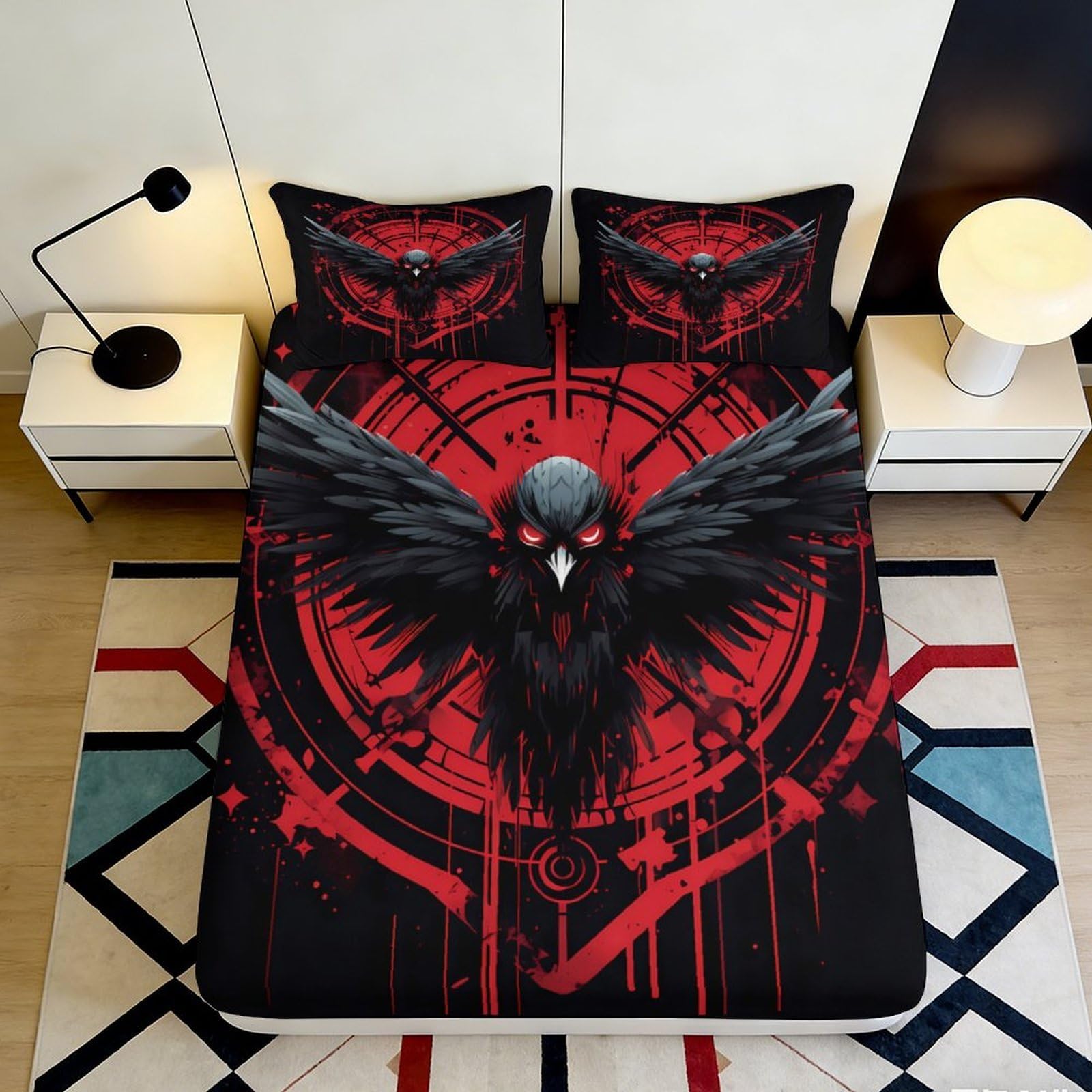 3D Printed Dark Raven Fitted Sheet Microfiber Black Red Gothic Crow Bed Cover for Bedroom Dorm Mattress Protection Decor 90x200x25cm