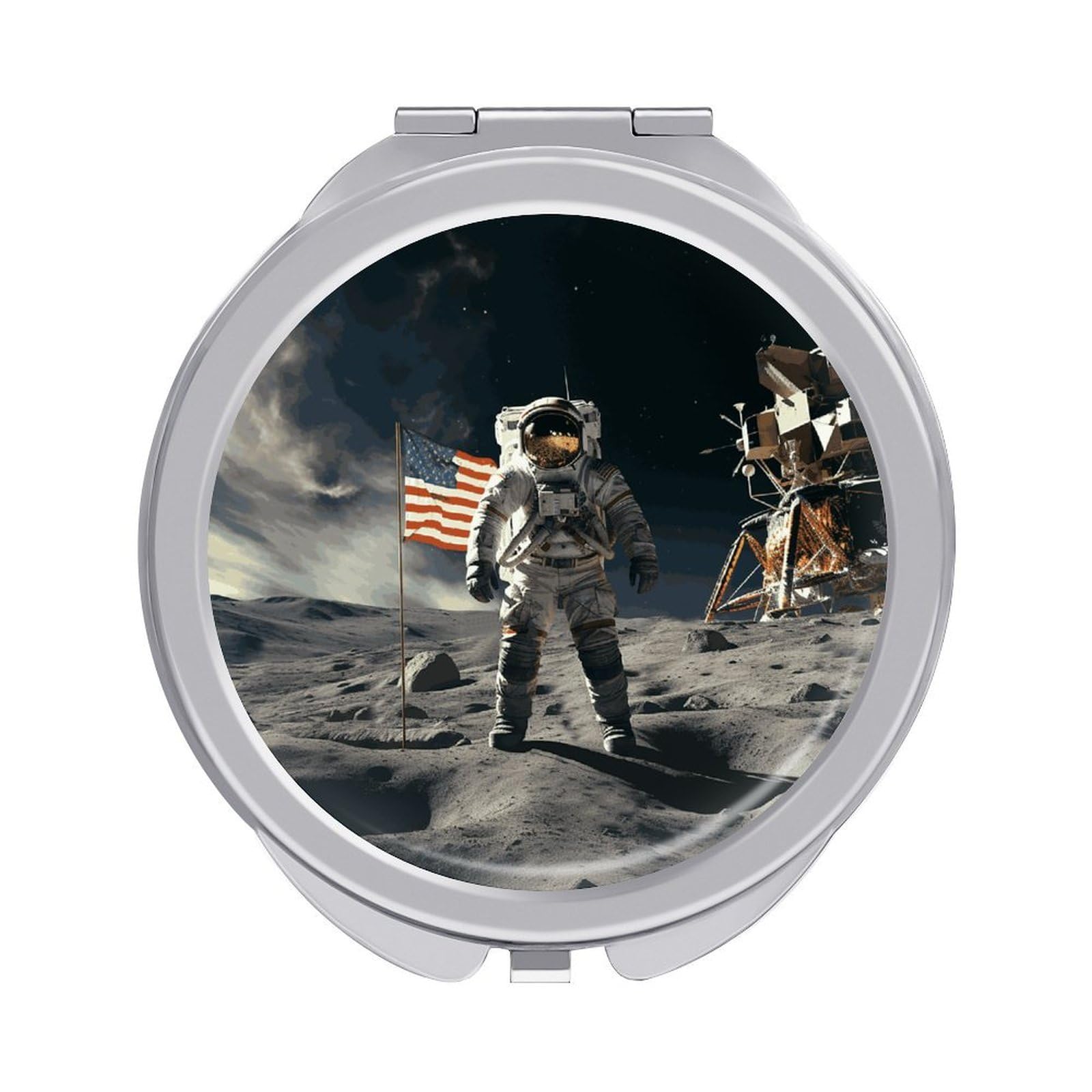 FodPand Compact Hand Mirror with 1x/2x Magnifying Round Travel Makeup Mirror Mini Foldable Astronaut Landing Cosmetic Mirrors Travel Essentials Gift for Women Girl Portable for Pocket Purse -Silver