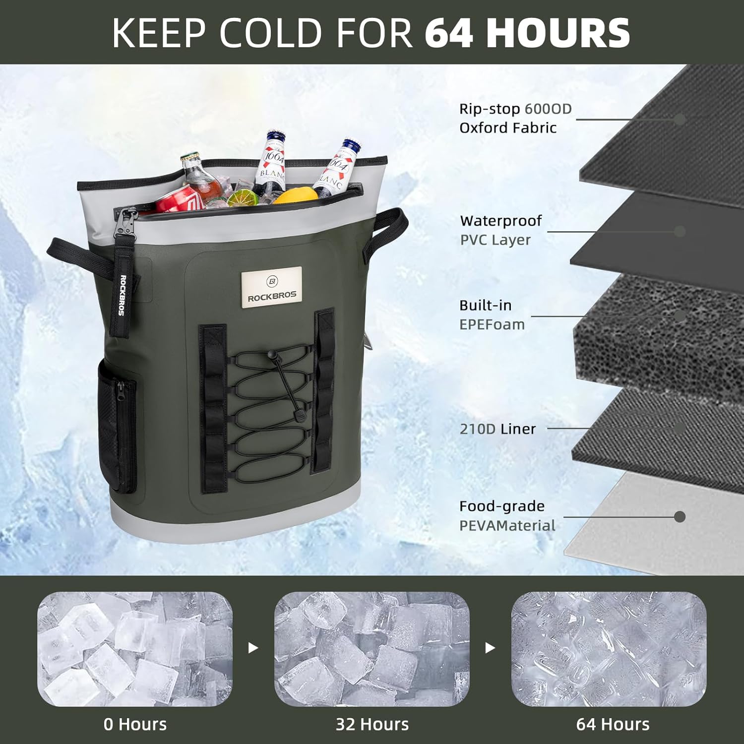 ROCKBROS Soft Cooler Bag with Removeable Pockets, Large Cooler Backpack for 36 Can, Leak-Proof & Portable Cooler Bags Insulated for Summer Travel, Camping, Beach, Picnic