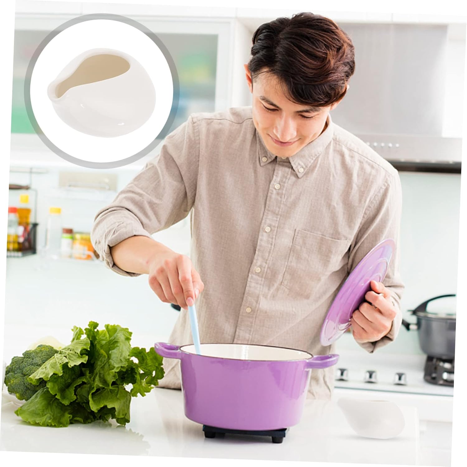 Ceramic Sauce Boat with Ergonomic Shape, White Serving Jug
