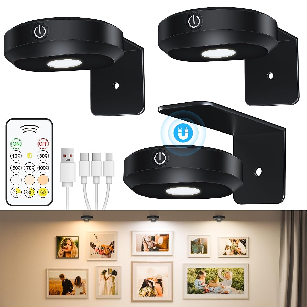 WILLED Picture Lights - Wireless Battery Operated Art Lighting, Dimmable,