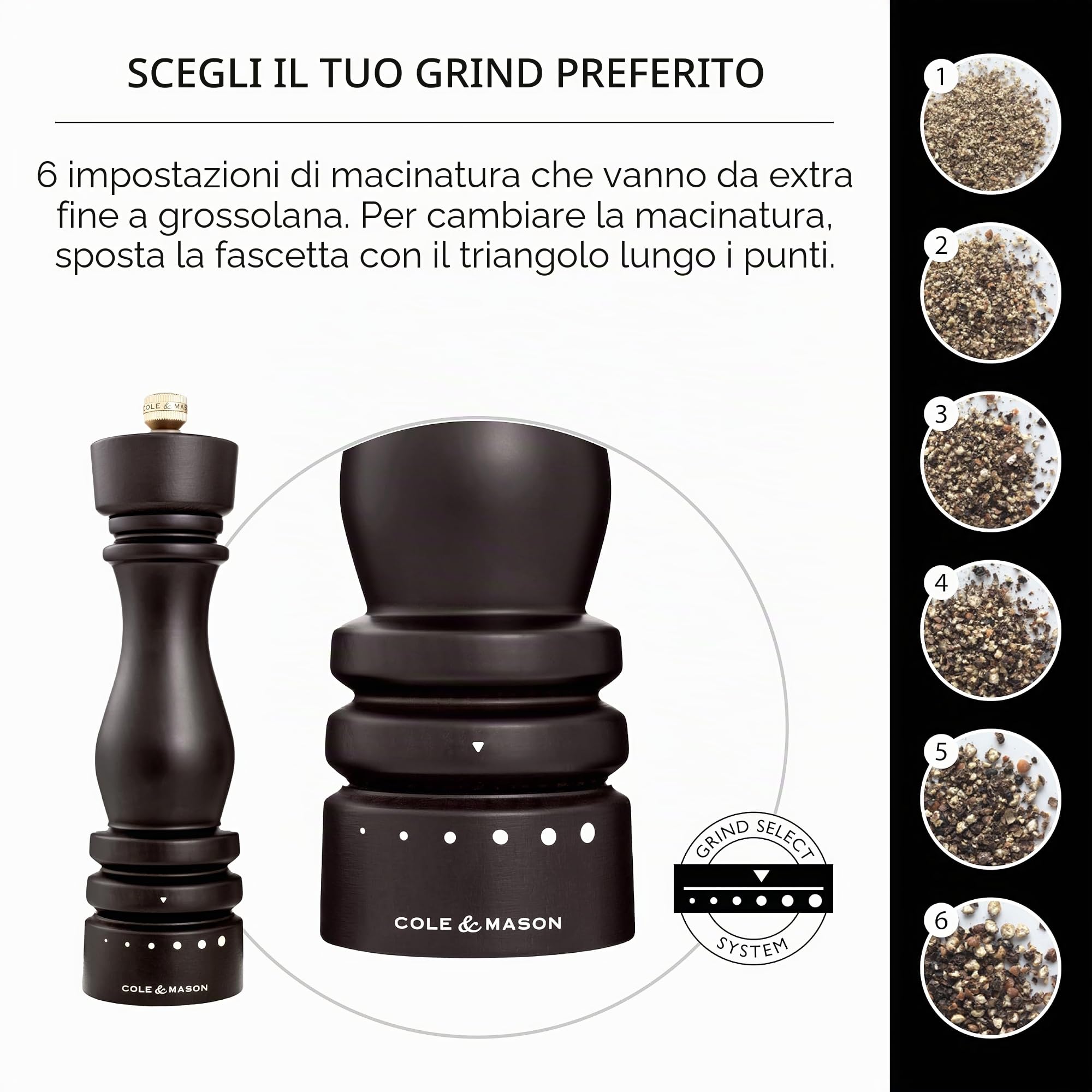 Cole & Mason London Macina Pepe Grind Select Macinatura Regolabile 22cm | Regolabile Macinino 6 Livelli Sale, Legno di Cioccolato, Macina Spezie, Macinapepe Garanzia a Vita sul Meccanismo