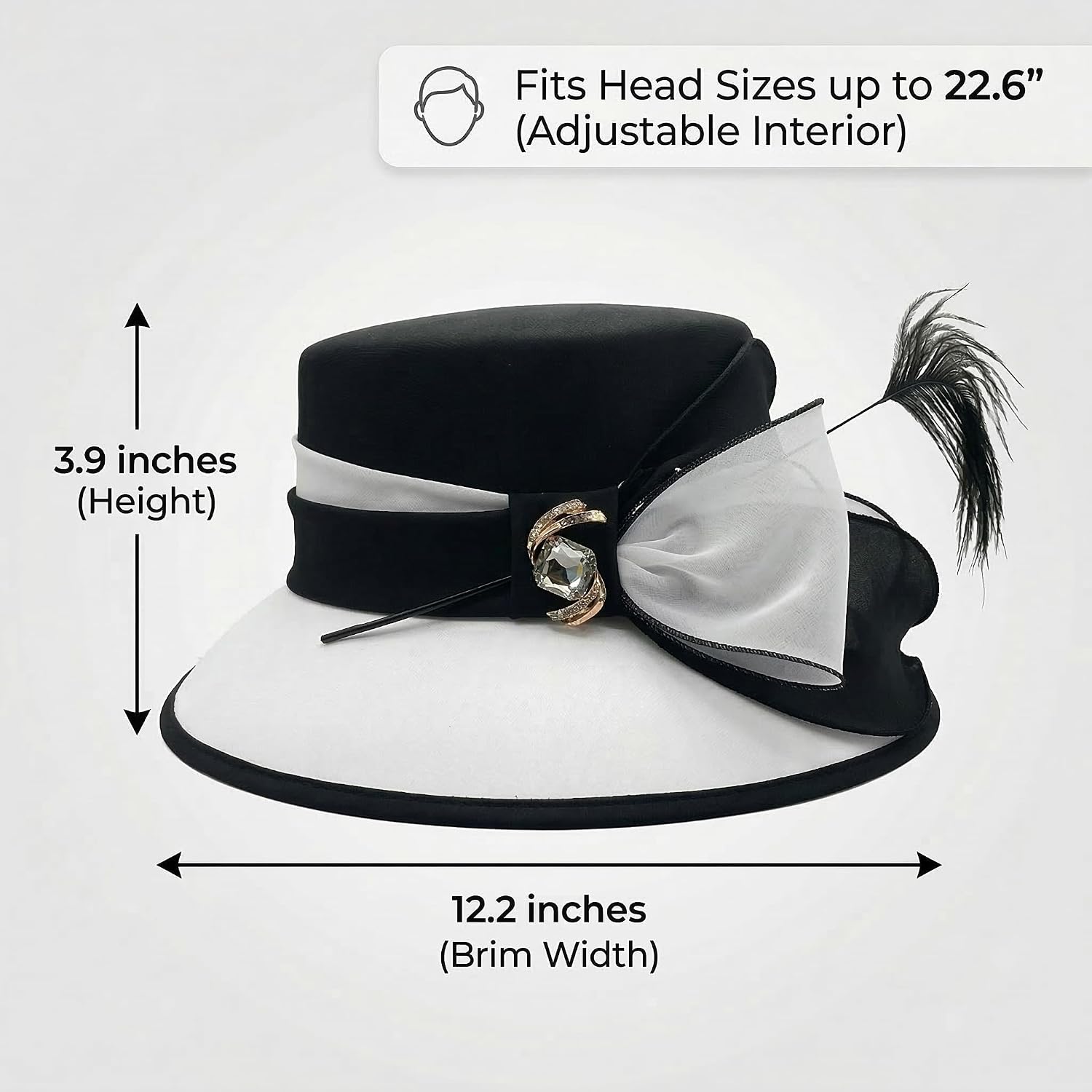 JUNE'S YOUNG Women Church Hats Formal Dress Derby Hats Elegant Bucket Hats (Black/white) Vintage 1920s Sunday Best Dress Hat with Feather & Floral Chiffon - Formal Wedding, Adjustable Fit