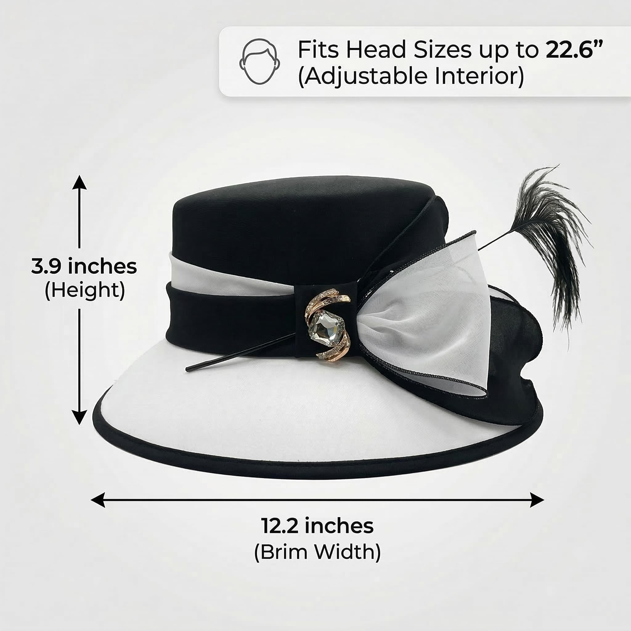 JUNES YOUNG Women Church Hats Formal Dress Derby Hats Elegant Bucket Hats Blackwhite Vintage 1920s Sunday Best Dress Hat with Feather & Floral Chiffon - Formal Wedding Adjustable Fit product thumbnail 6