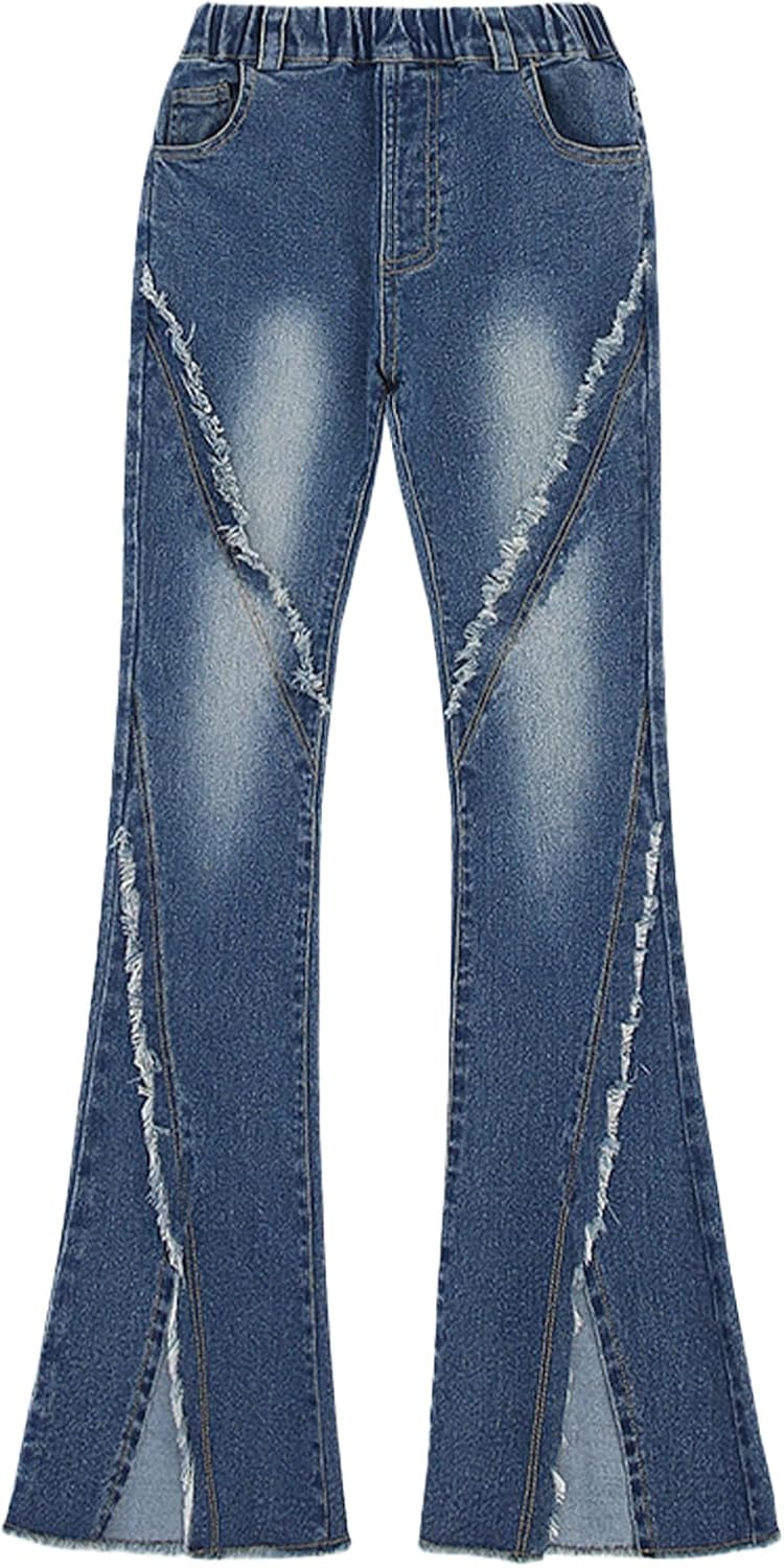 Linjinx Kids Girls Flare Jeans High Waist Denim Pants Tassel Hem Bell-Bottom Wide Leg Leggings Trousers Casual Jeggings