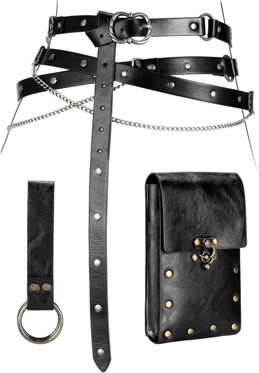 Ultrafun 3pcs Renaissance Belt Accessories Faux Leather Medieval Viking Chain Belt Bag Skirt Hike Ren Faire Costume