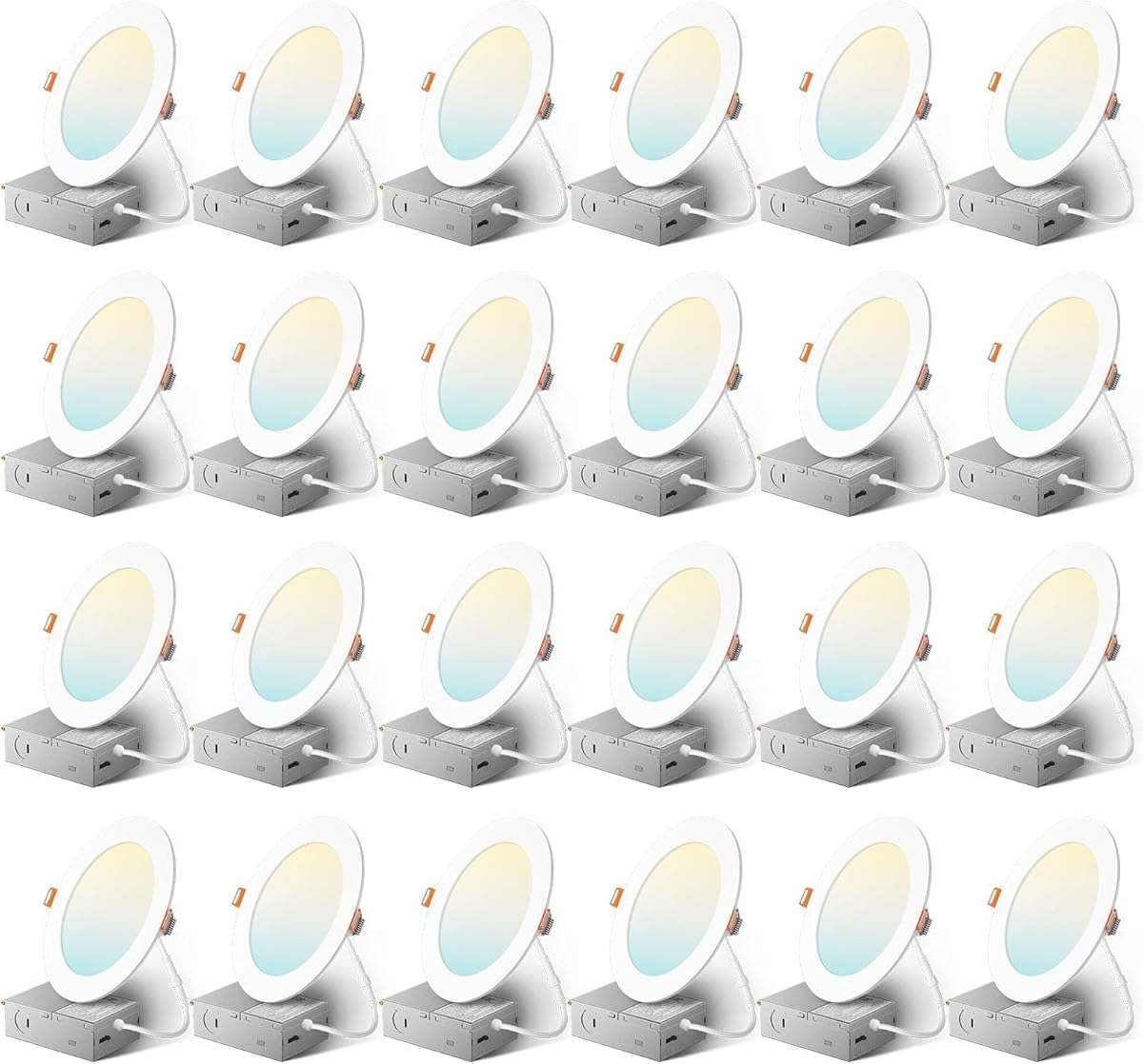 Amico 24 Pack 6 Inch 5CCT Ultra-Thin LED Recessed Ceiling Light with Junction Box, 2700K/3000K/3500K/4000K/5000K Selectable, 1050 Lumens, Dimmable Canless Wafer Downlight, 12W Eqv 110W-ETL&FCC