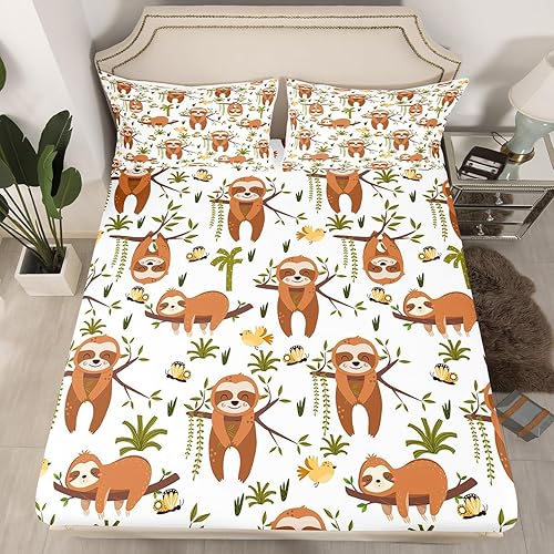 Miniatura 2 de Feelyou Juego de sábanas de perezoso tamaño King, juego de sábanas de perezoso de dibujos animados Kawaii con sábana bajera ajustable de bolsillo