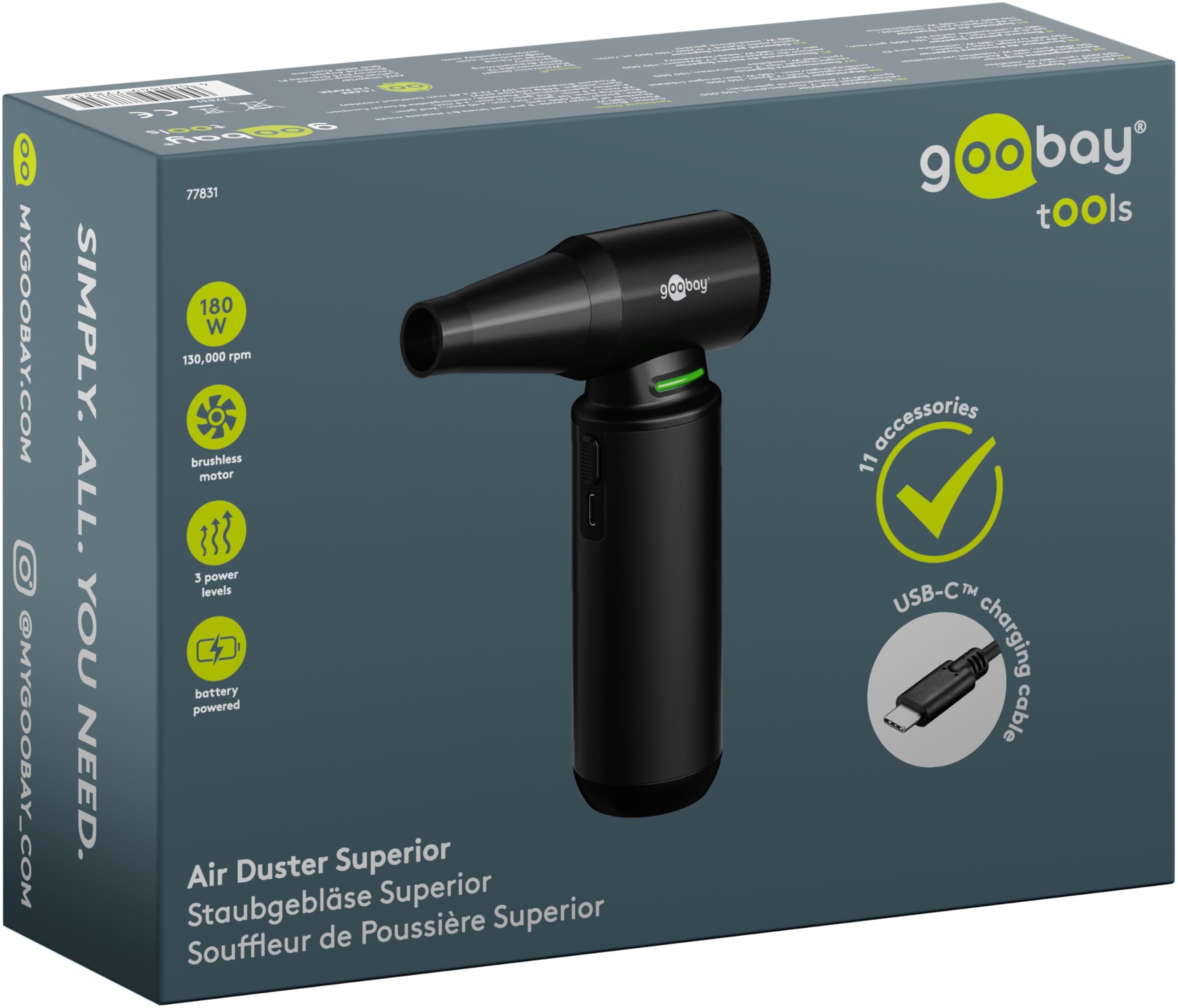 goobay Staubgebläse Superior mit 3 Stufen, 6.000 mAh Akku, 130.000 rpm, bis 110 min Betriebsdauer, inkl. 8 Aufsätze zum Entfernen von Staub auf Tastaturen, im PC, im Sofa, Autointerieur – 77831