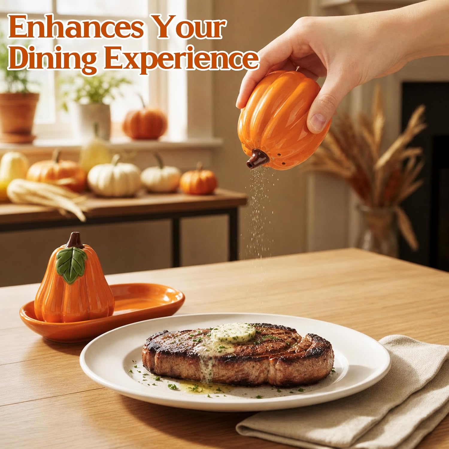 Havawish Set of 3 Fall Pumpkin Salt and Pepper Shakers with Tray Ceramic image 5