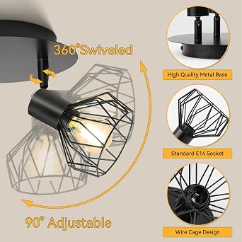 CANMEIJIA Black 3-Way LED Ceiling Light E14 Spot Fitting Rotatable Base [Energy Class F]