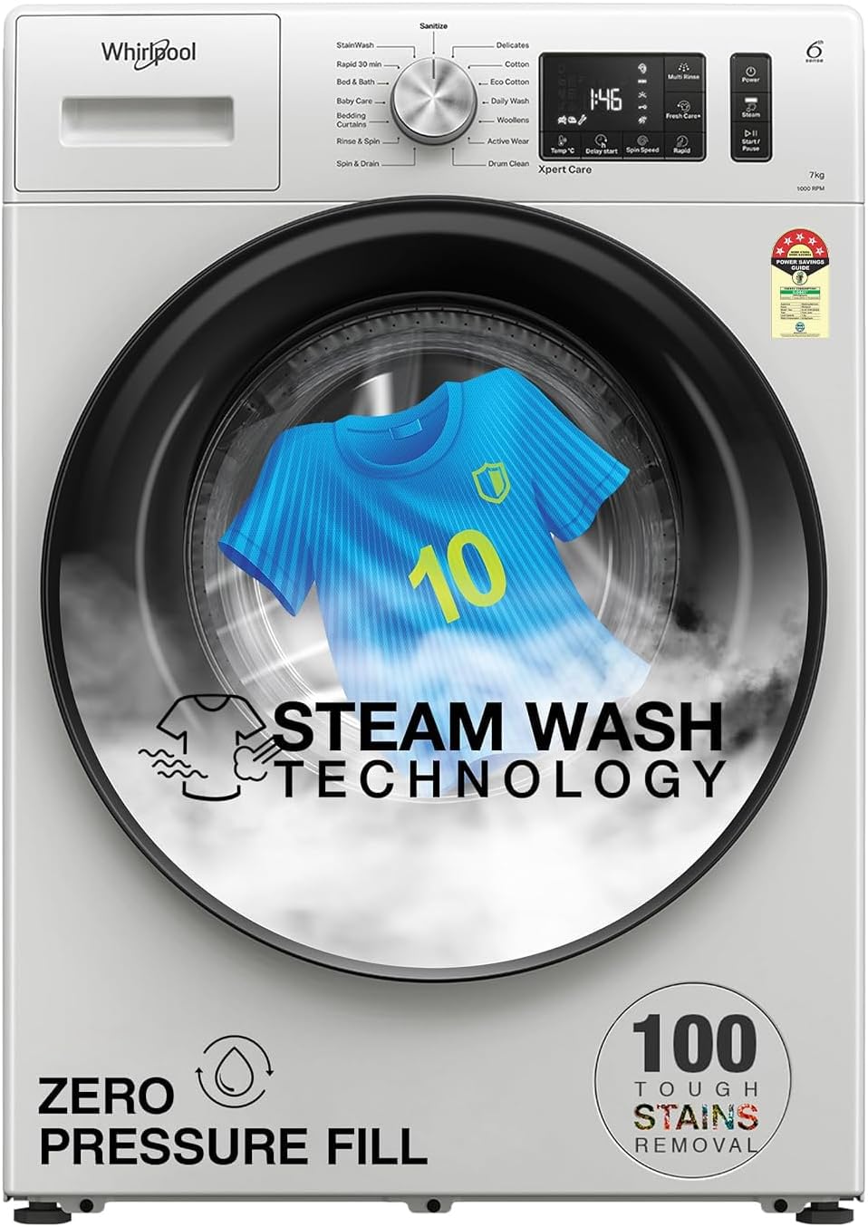 Whirlpool 7 Kg 5 Star Inverter Front Load Fully Automatic Washing Machine with In-Built Heater (XS7010BWW52E, Crystal White, 100+ Tough Stains, Steam Technology, 6th Sense Soft Move, 2024 Model)
