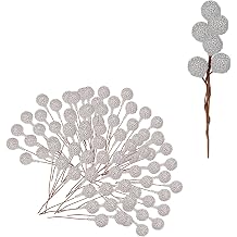 Mienocol 100pcs Christmas Artificial Frosted Fruit Berry, 1.4cm Silver Twig Stem Fruits Picks for Winter Wreath Making, Xmas Tree Decorations Supplies