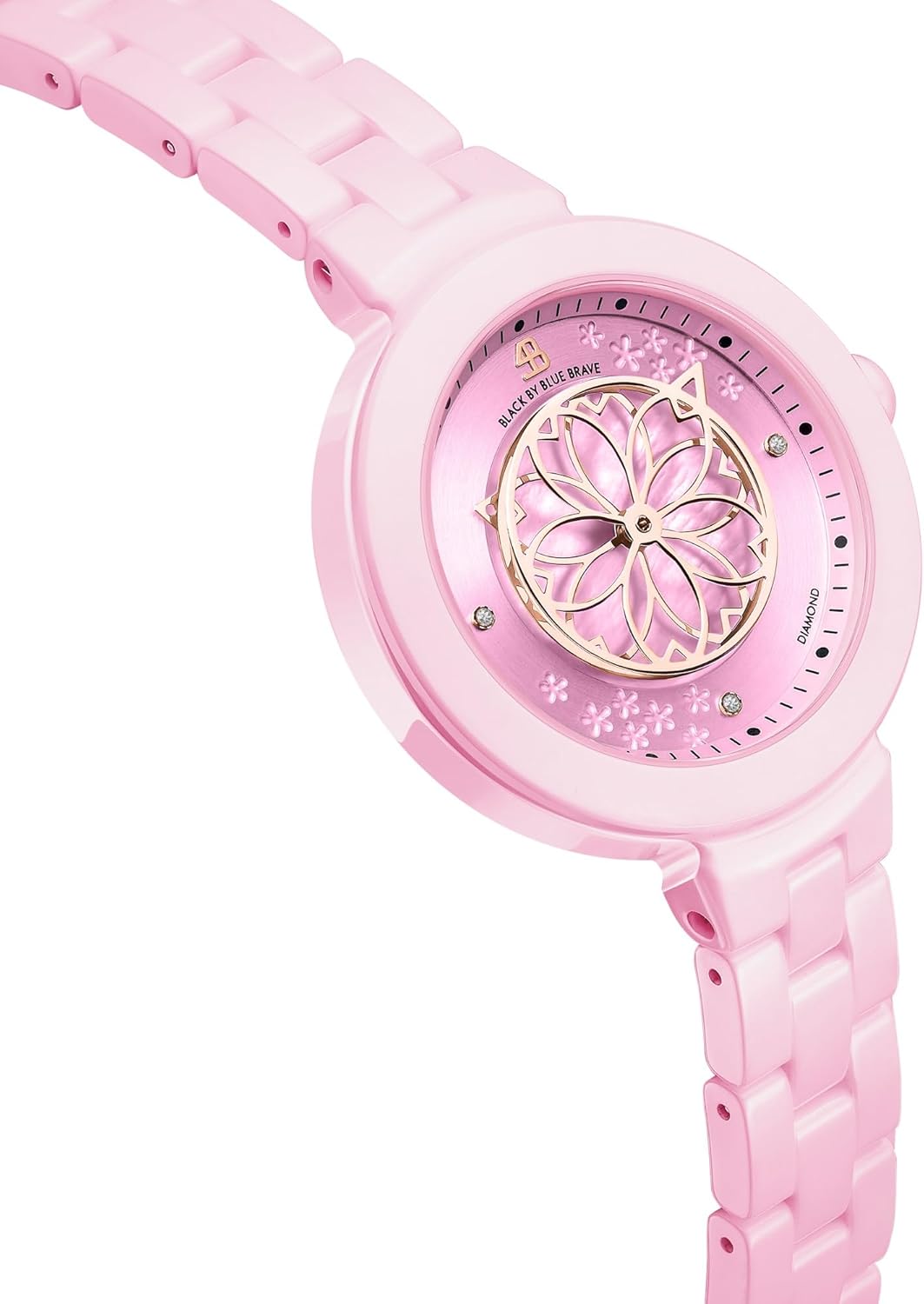 Ceramic Watches for Women Stylish Cherry Blossom Pink Bracelet : 3 Genuine Diamonds, Sakura Petal Hand, 34MM Mother of Pearl Dial Floral - Image 4