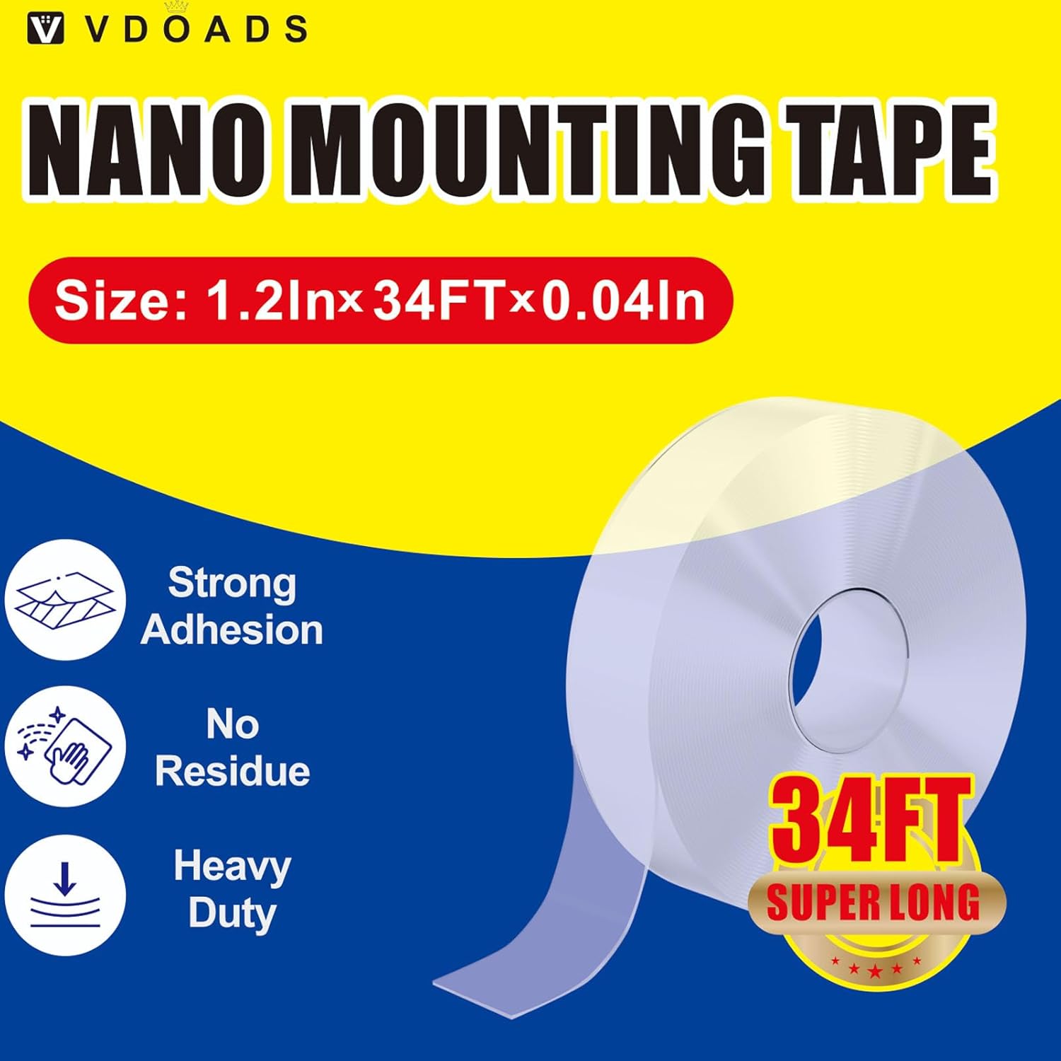 64FT Double Sided Tape Heavy Duty Nano Mounting Tape Adhesive Removable Super Big Long Super Sticky Outdoor for Wall DIY Hanging Carpet Reused-H (L34 (2 roll TOT:68FT))
