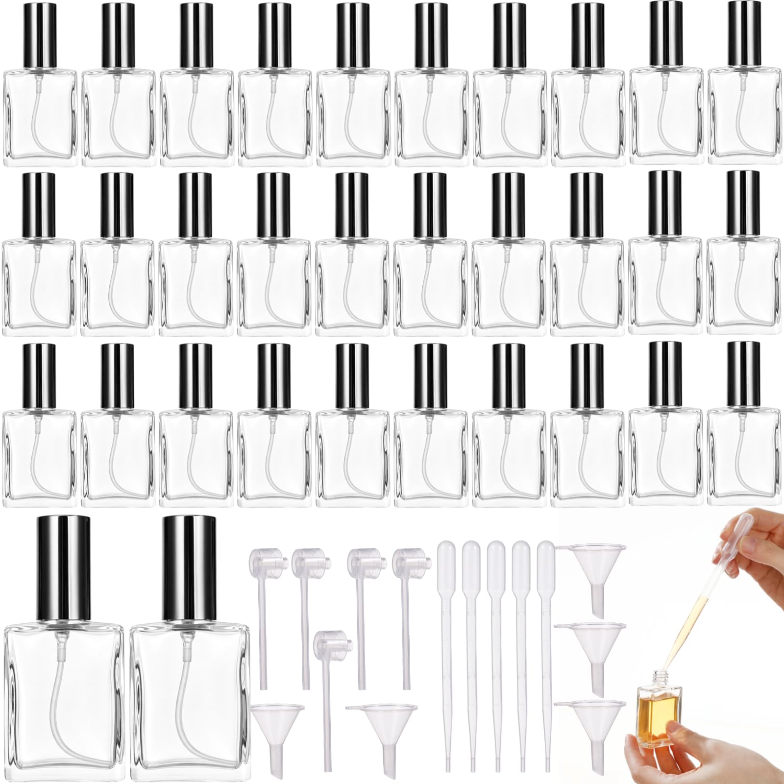 32 Stk. Glas-Parfüm-Sprühflaschen mit 15 Nachfüllwerkzeugen, 15 ml wiederbefüllbare Mini-Parfüm-Sprühflaschen, feiner Sprühnebel für Reisen, Glasbehälter für Kosmetik und ätherisches Öl