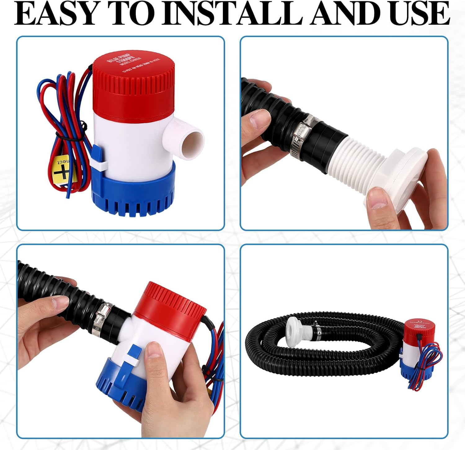 Boat Bilge Water Pump 12v 24v 3 Way Switch Panel 1-1/8 Inch Dia Bilge Pump Plumbing Kit with Hose Plumbing Installation Kit for Boat Accessories(1100gph, 15a)