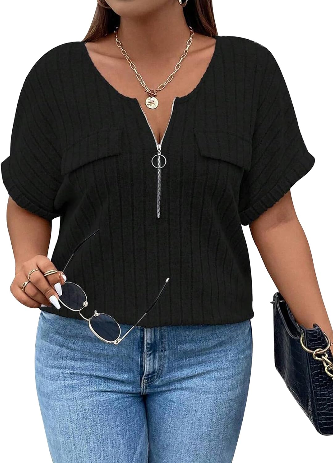 Viracy Plus Size Top for Women Short Sleeve Blouses Zip-up V Neck Top Womens Fashion 2025 Trendy Casual Work Shirt 1X-5X