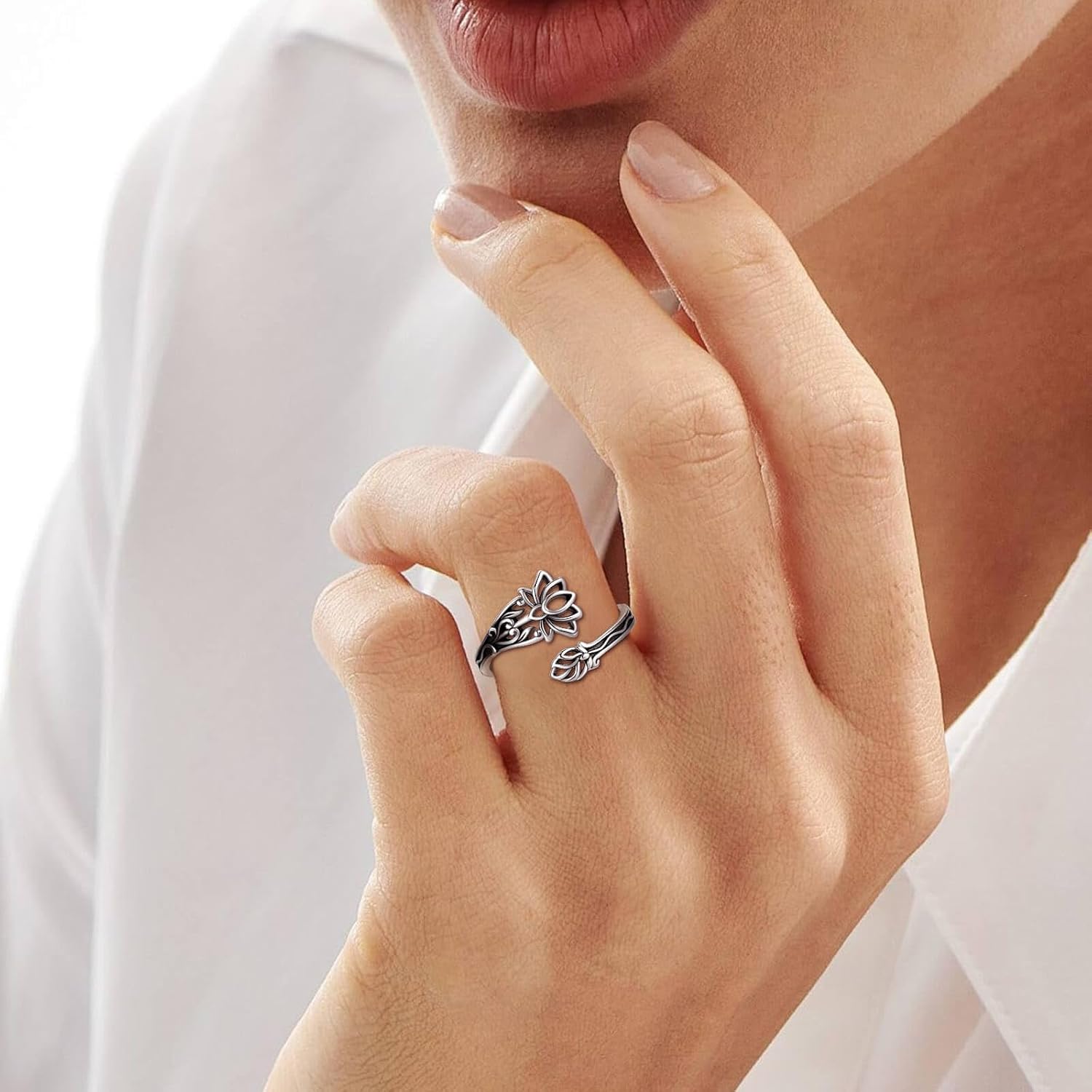 Just Breathe Lotus Spoon Rings 925 Sterling Silver Adjustable Thumb Ring Inspirational Lotus Ring Encouragement Jewelry Gift for Women - Image 2