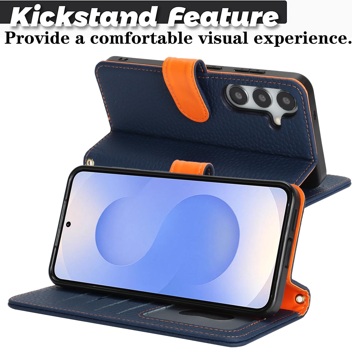 Zouzt Case for Samsung Galaxy S25 6.2" Genuine Leather Wallet Case with 4 Card Slot, RFID Blocking Card Holder Magnetic Flip Folio Kickstand Shockproof Phone Cover Women Men - Blue & Orange