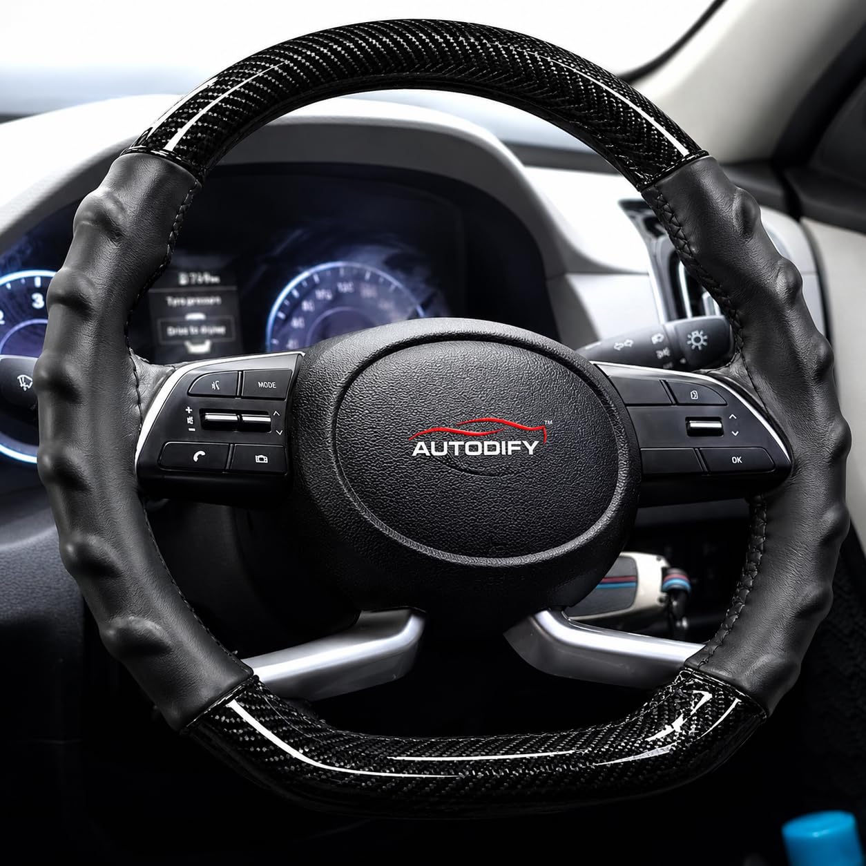 Stitchable Carbon Fiber Steering Wheel Cover with Leather Protection | Universal Fit, Anti-Slip, Breathable, Comfortable Grip, Durable & Stylish for Cars | Easy Install with Black Stich-picture-12